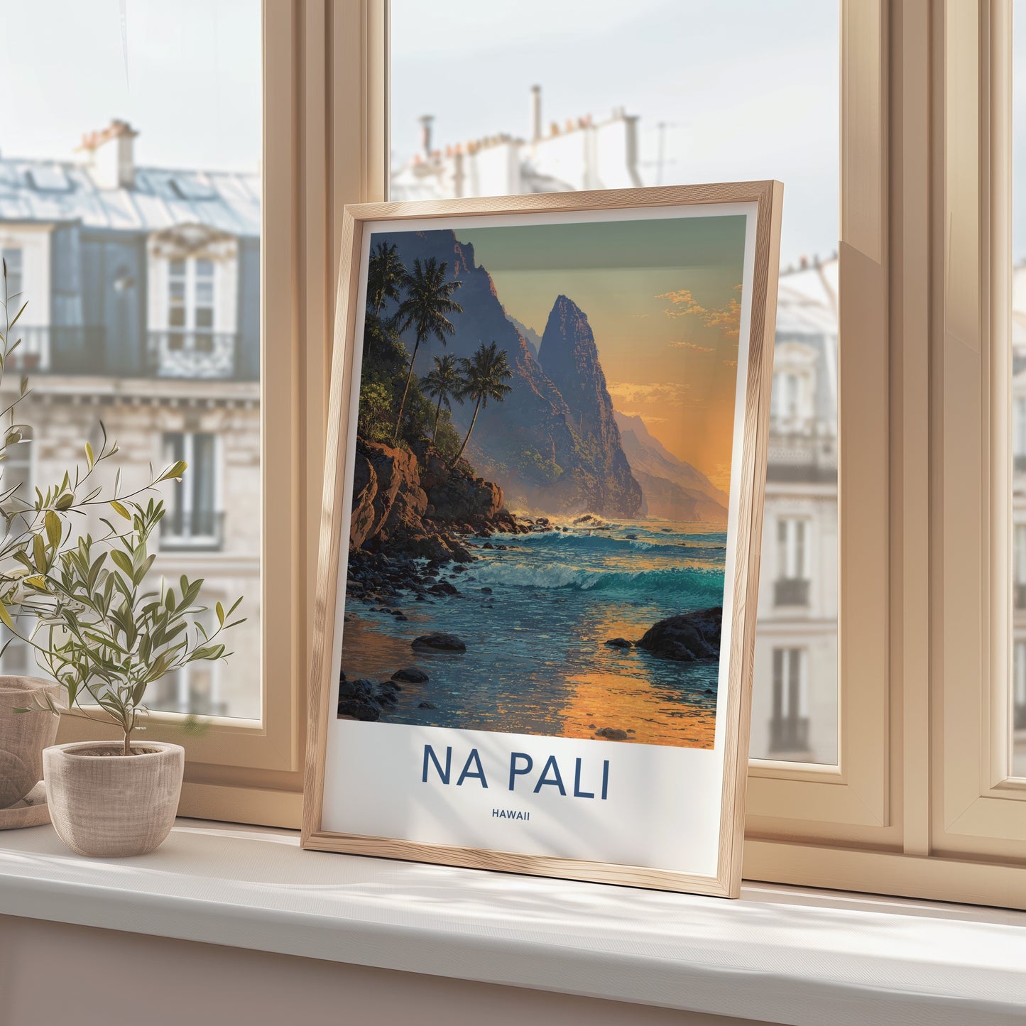 Na Pali Poster - Hawaii Art Print - Coastal Cliffs Palms Home Decor