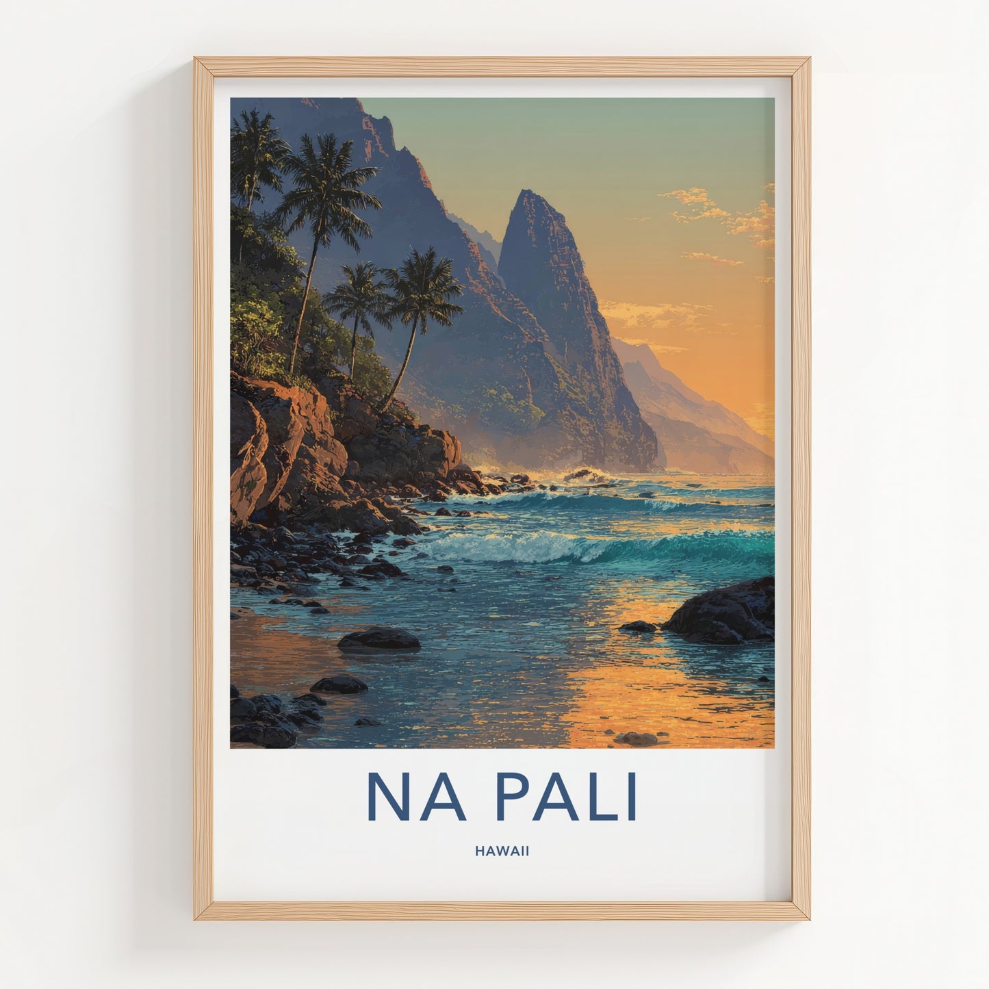 Na Pali Poster - Hawaii Art Print - Coastal Cliffs Palms Home Decor