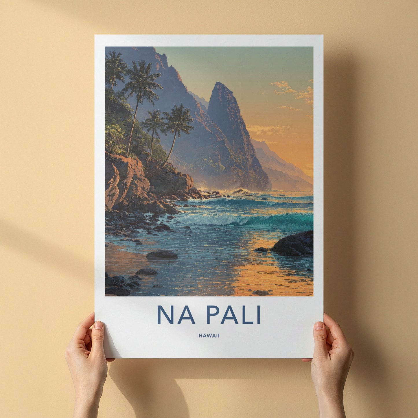 Na Pali Poster - Hawaii Art Print - Coastal Cliffs Palms Home Decor