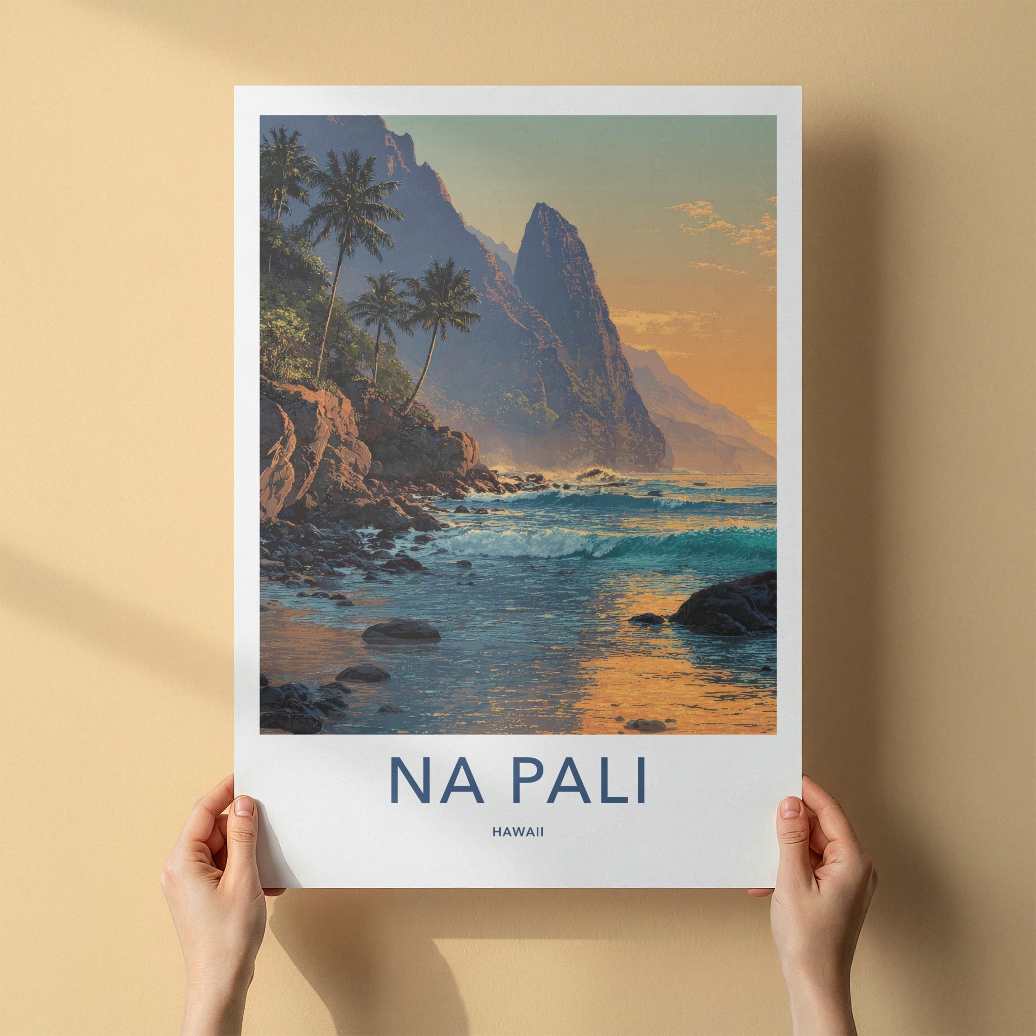Na Pali Poster - Hawaii Art Print - Coastal Cliffs Palms Home Decor