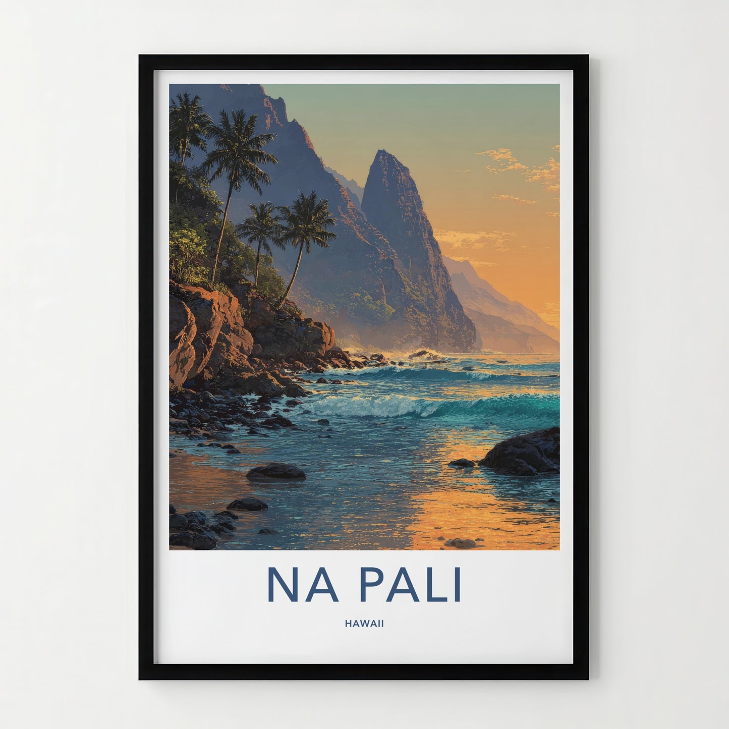 Na Pali Poster - Hawaii Art Print - Coastal Cliffs Palms Home Decor