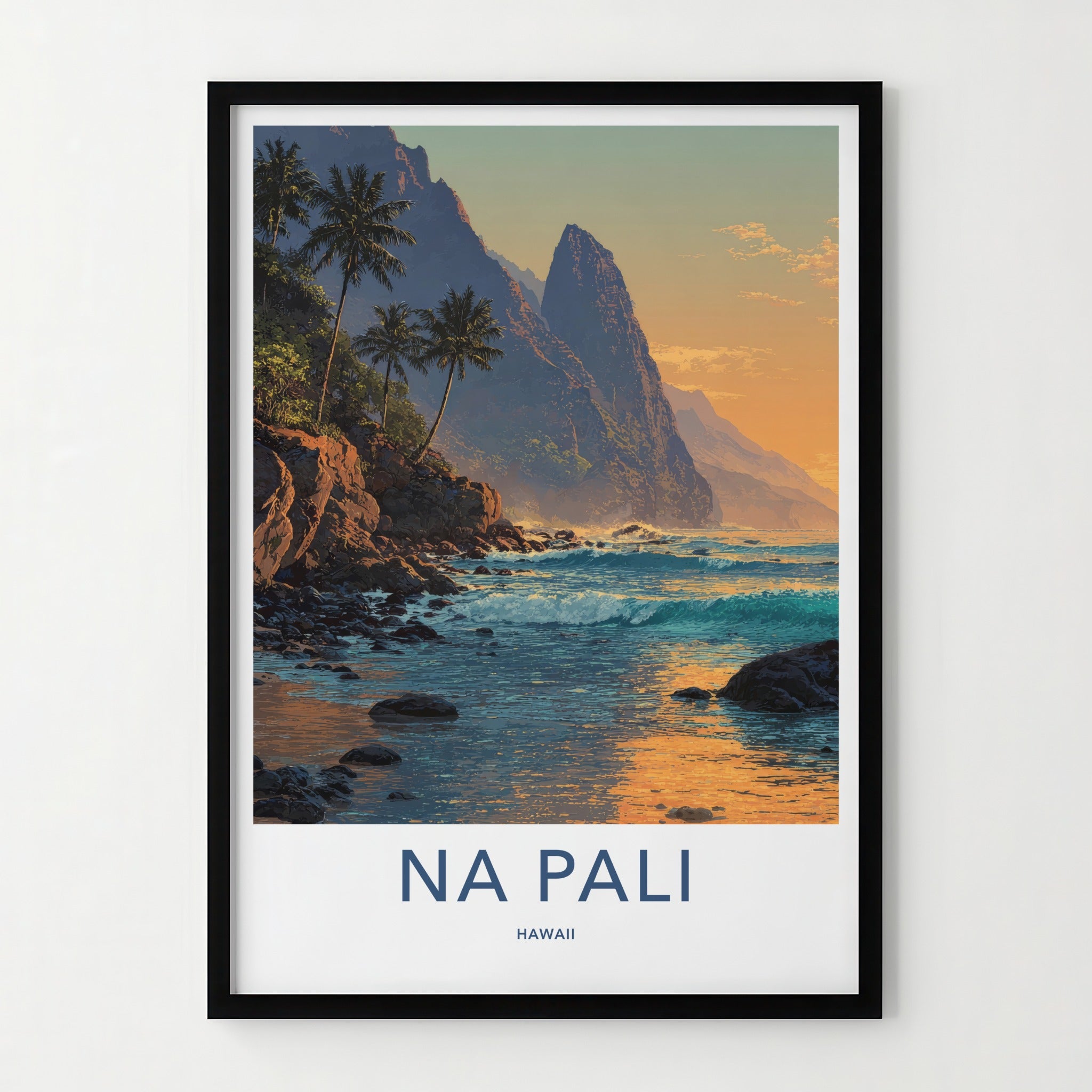 Na Pali Poster - Hawaii Art Print - Coastal Cliffs Palms Home Decor