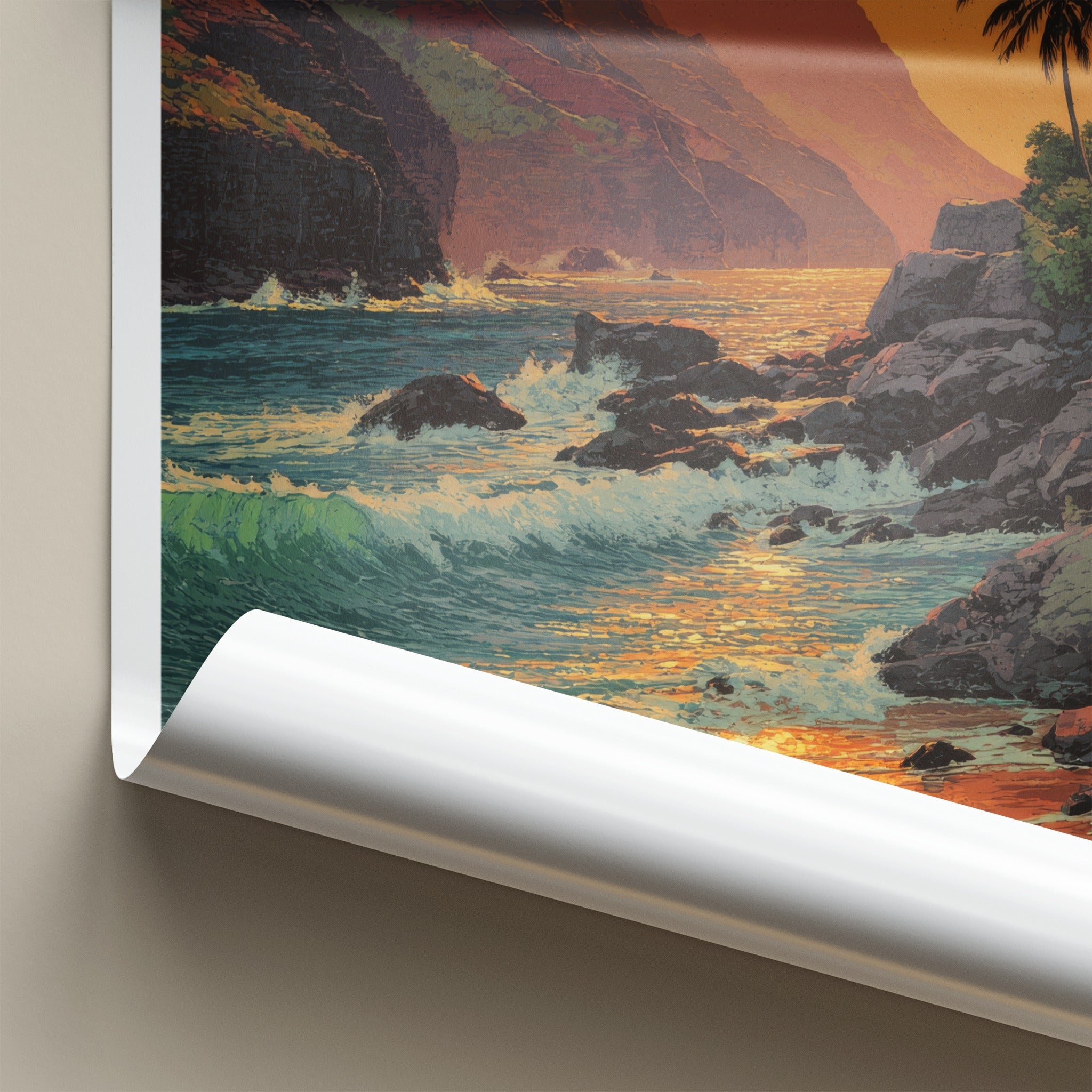 Na Pali Poster - Hawaii Coastal Sunset Waves Art Print Wall Decor