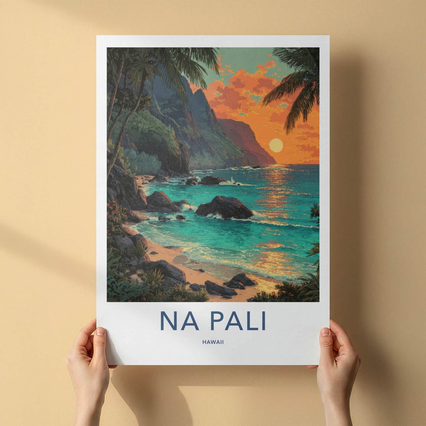 Na Pali Poster - Hawaii Wall Art - Palm Rocky Shore Home Decor