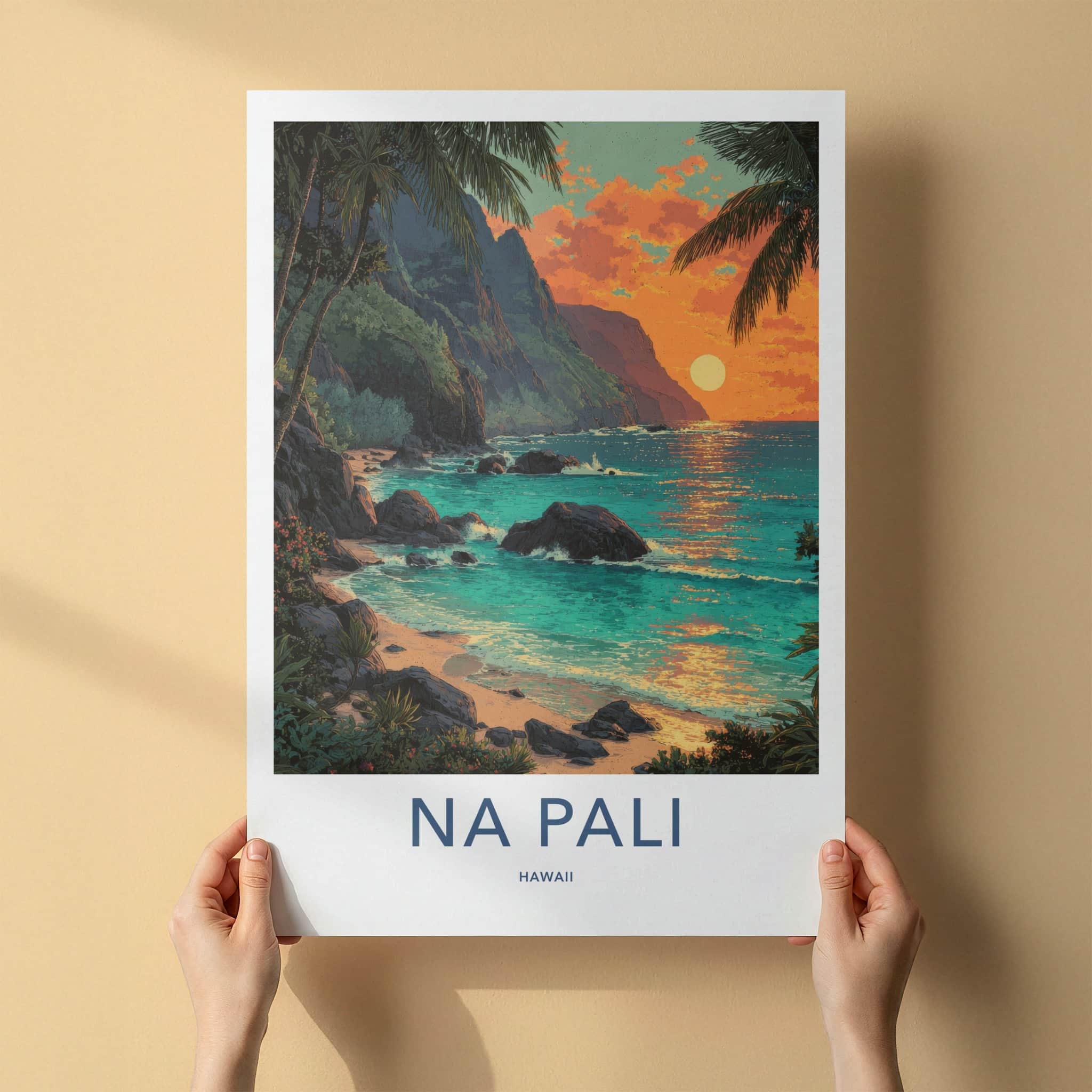 Na Pali Poster - Hawaii Wall Art - Palm Rocky Shore Home Decor