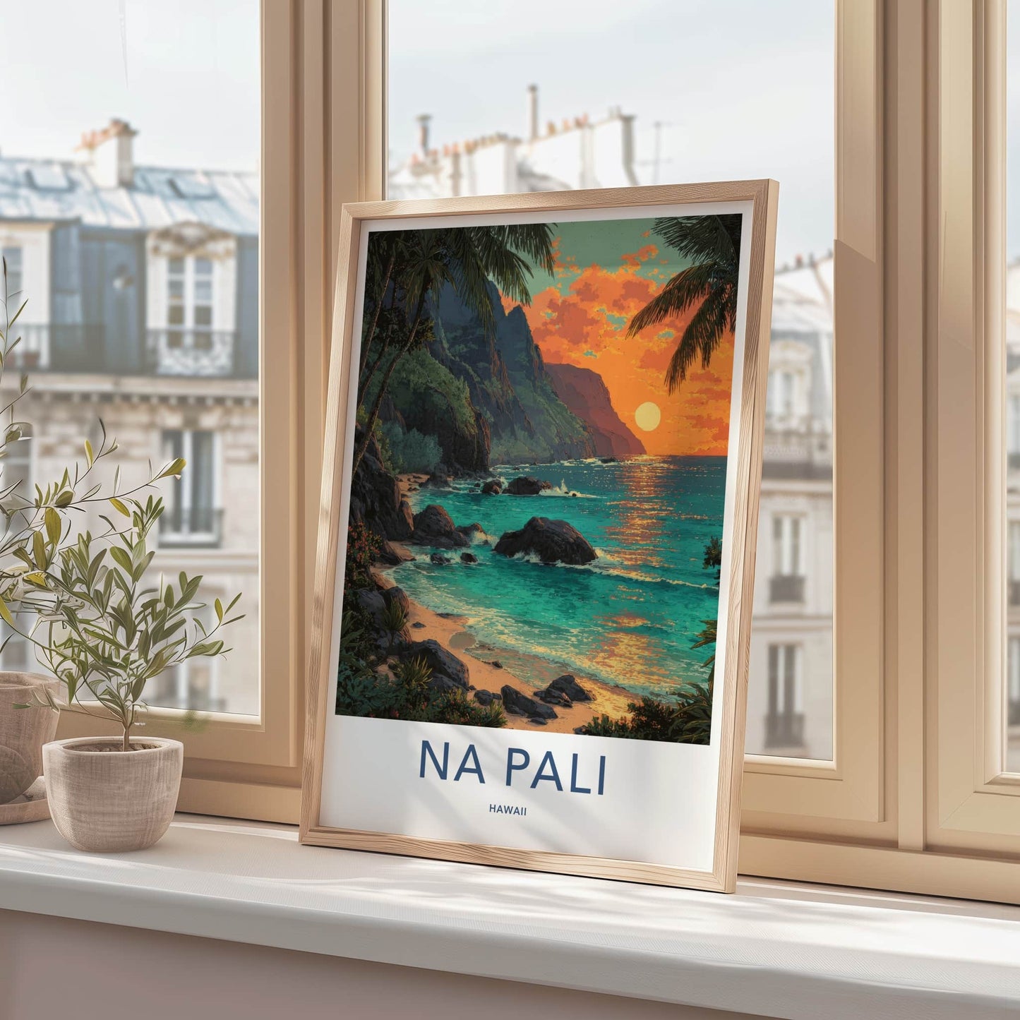 Na Pali Poster - Hawaii Wall Art - Palm Rocky Shore Home Decor