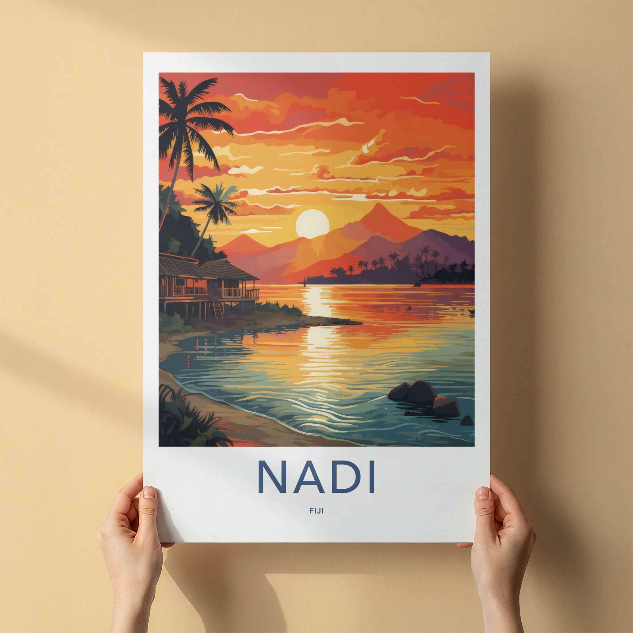 Nadi Poster - Fiji Travel Art - Tropical Sunset Huts Home Decor