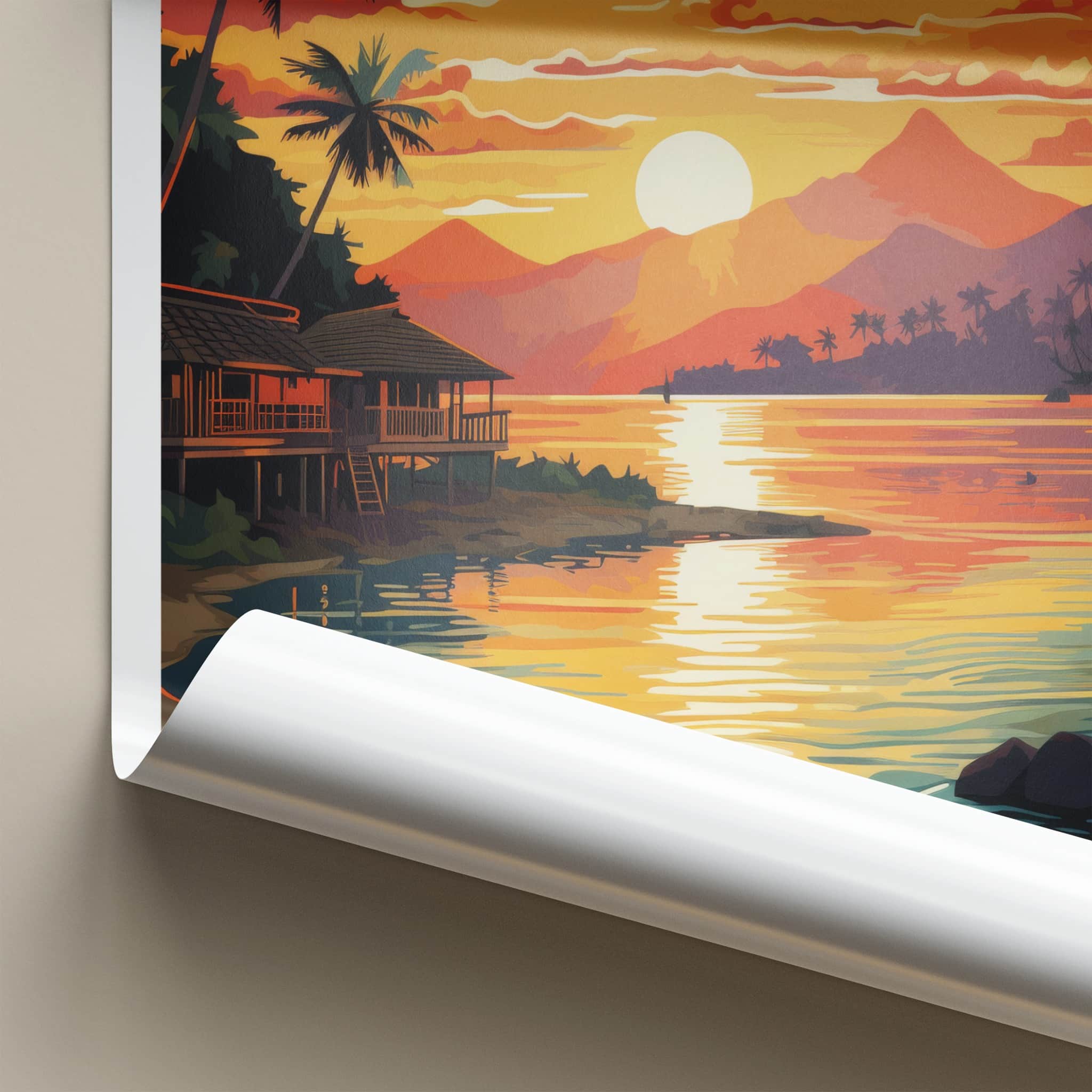 Nadi Poster - Fiji Travel Art - Tropical Sunset Huts Home Decor