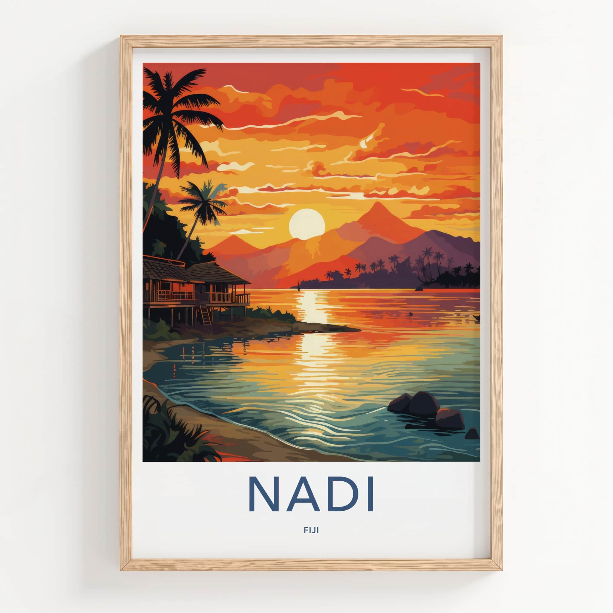 Nadi Poster - Fiji Travel Art - Tropical Sunset Huts Home Decor