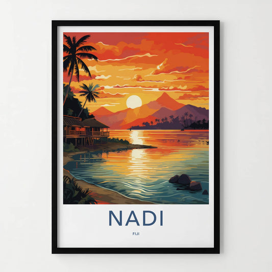 Nadi Poster - Fiji Travel Art - Tropical Sunset Huts Home Decor
