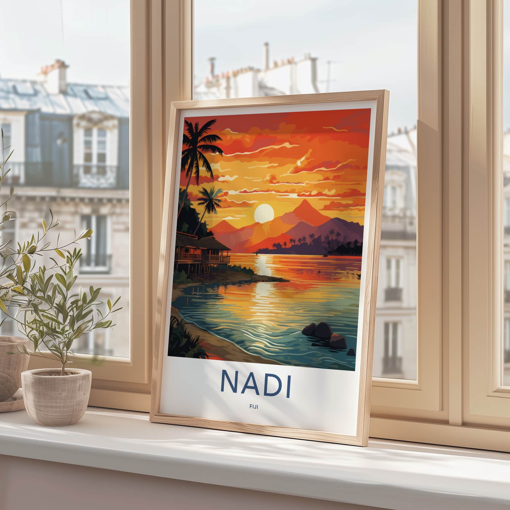 Nadi Poster - Fiji Travel Art - Tropical Sunset Huts Home Decor