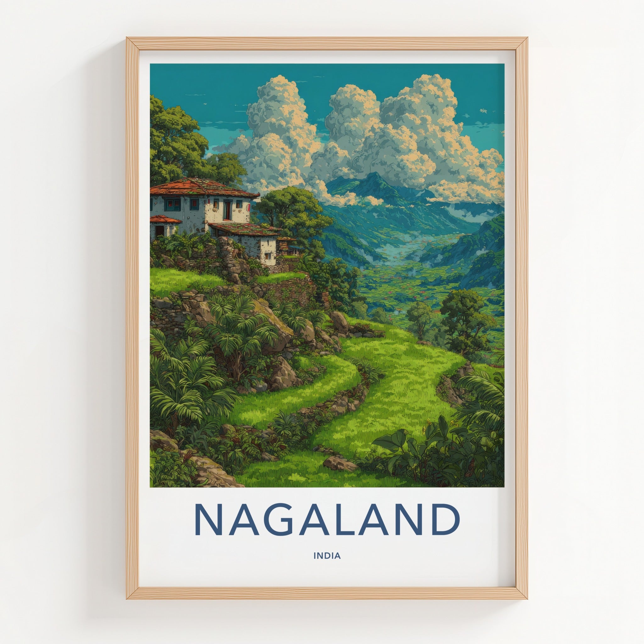 Nagaland Poster - India Travel Art - Nagaland Hillside Houses Framed Decor
