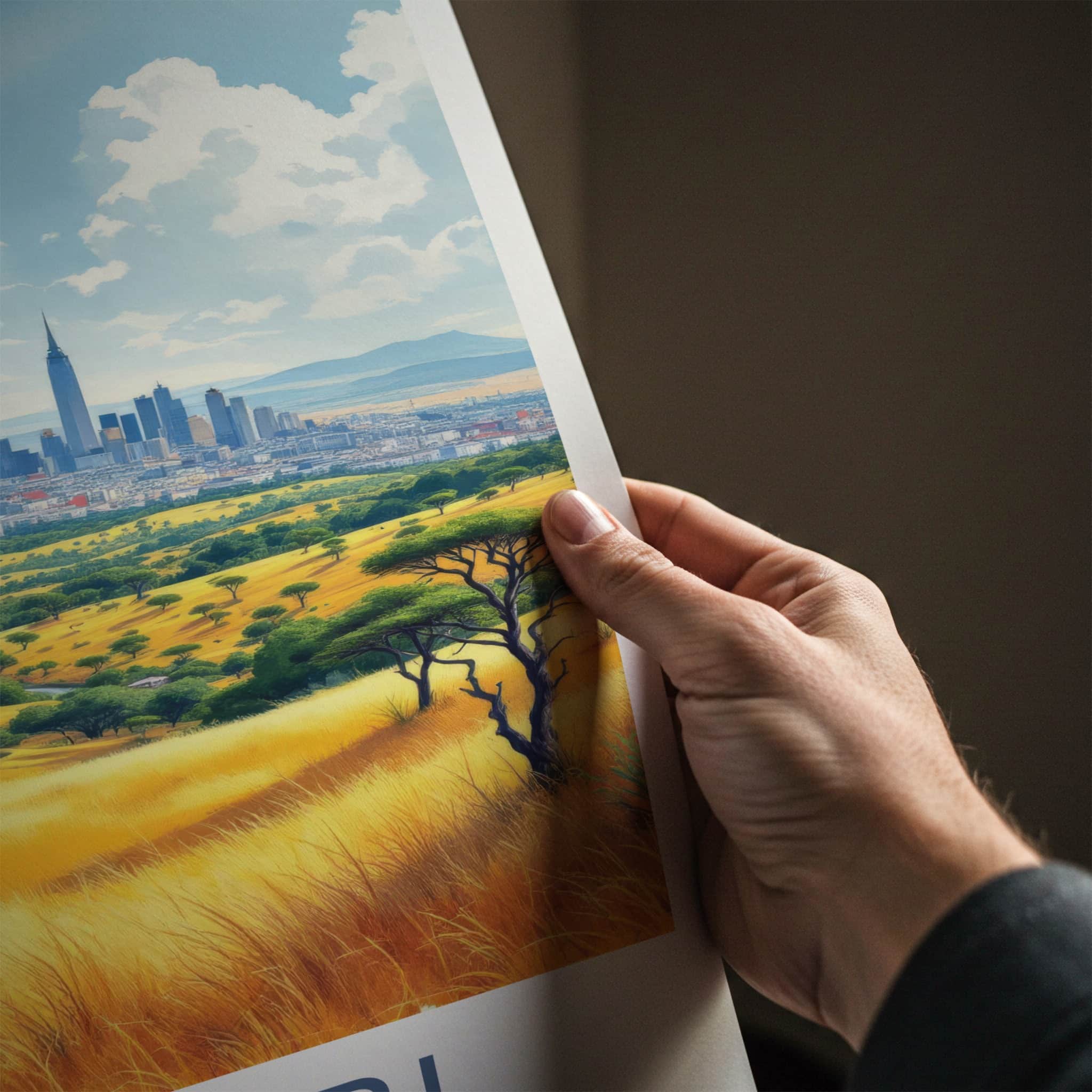 Nairobi Poster - Kenya Art Print - Golden Grass Cityscape Wall Decor