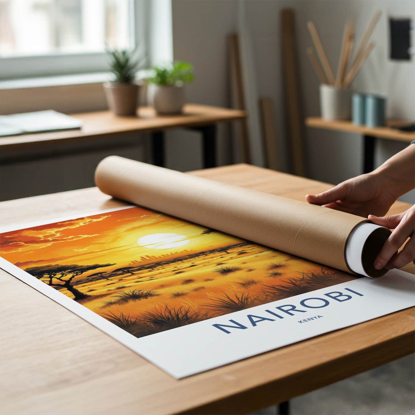 Nairobi Poster - Kenya Travel Art - Golden savanna sunset Home Decor