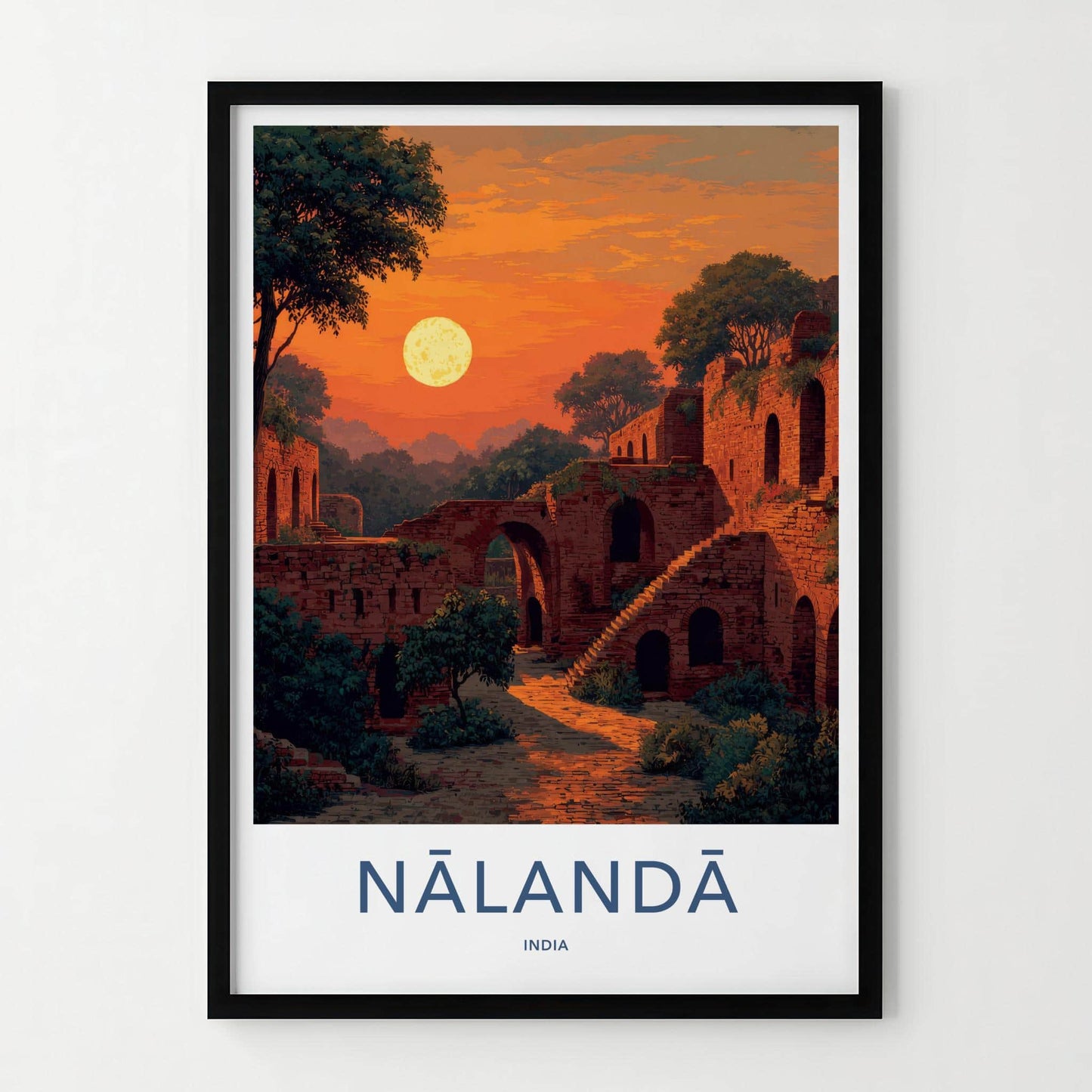 Nalanda Poster - India Travel Art - Bihar Ancient Ruins Moonrise Home Decor