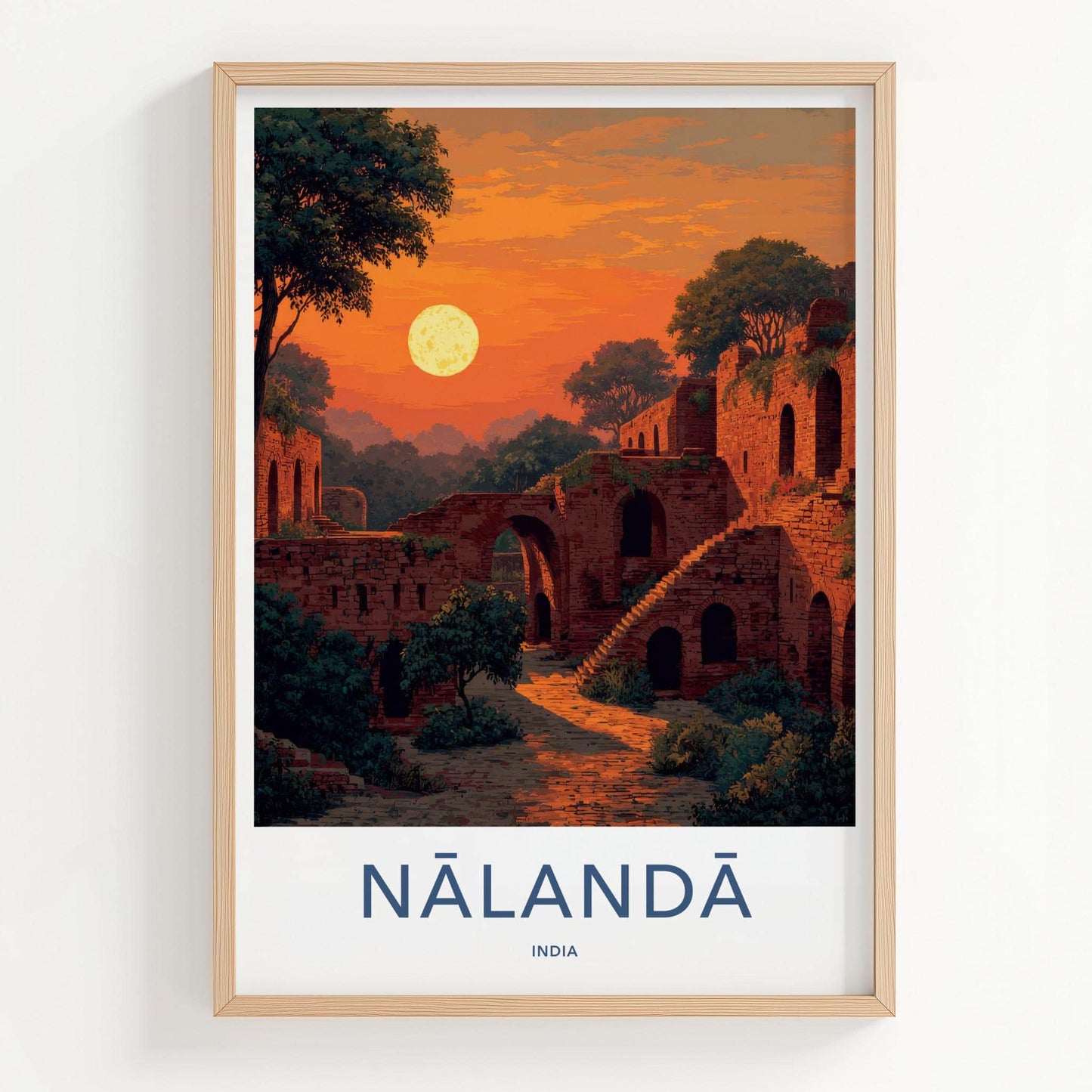Nalanda Poster - India Travel Art - Bihar Ancient Ruins Moonrise Home Decor