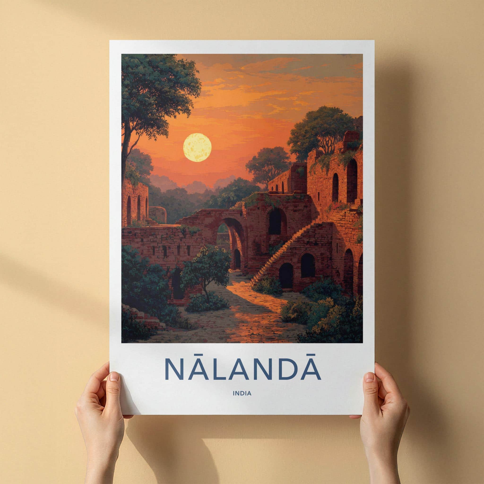 Nalanda Poster - India Travel Art - Bihar Ancient Ruins Moonrise Home Decor