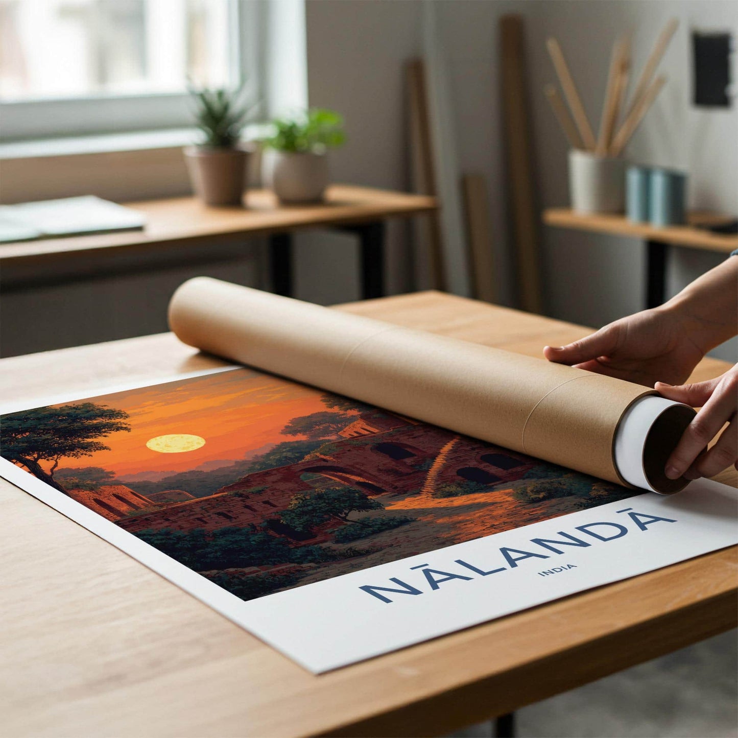 Nalanda Poster - India Travel Art - Bihar Ancient Ruins Moonrise Home Decor