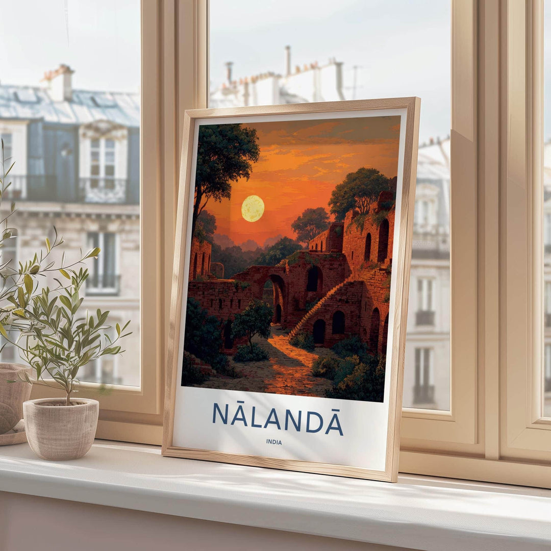 Nalanda Poster - India Travel Art - Bihar Ancient Ruins Moonrise Home Decor