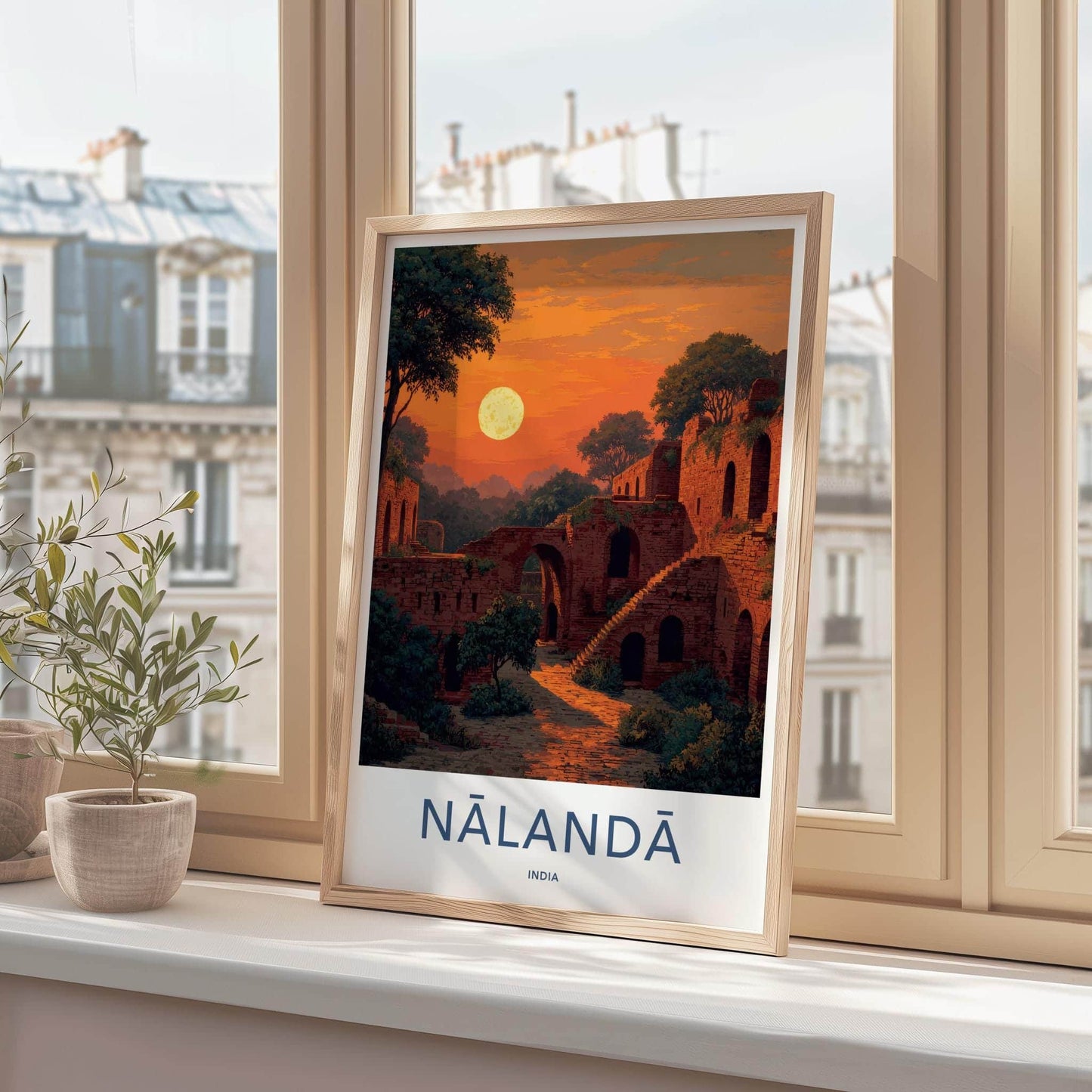 Nalanda Poster - India Travel Art - Bihar Ancient Ruins Moonrise Home Decor