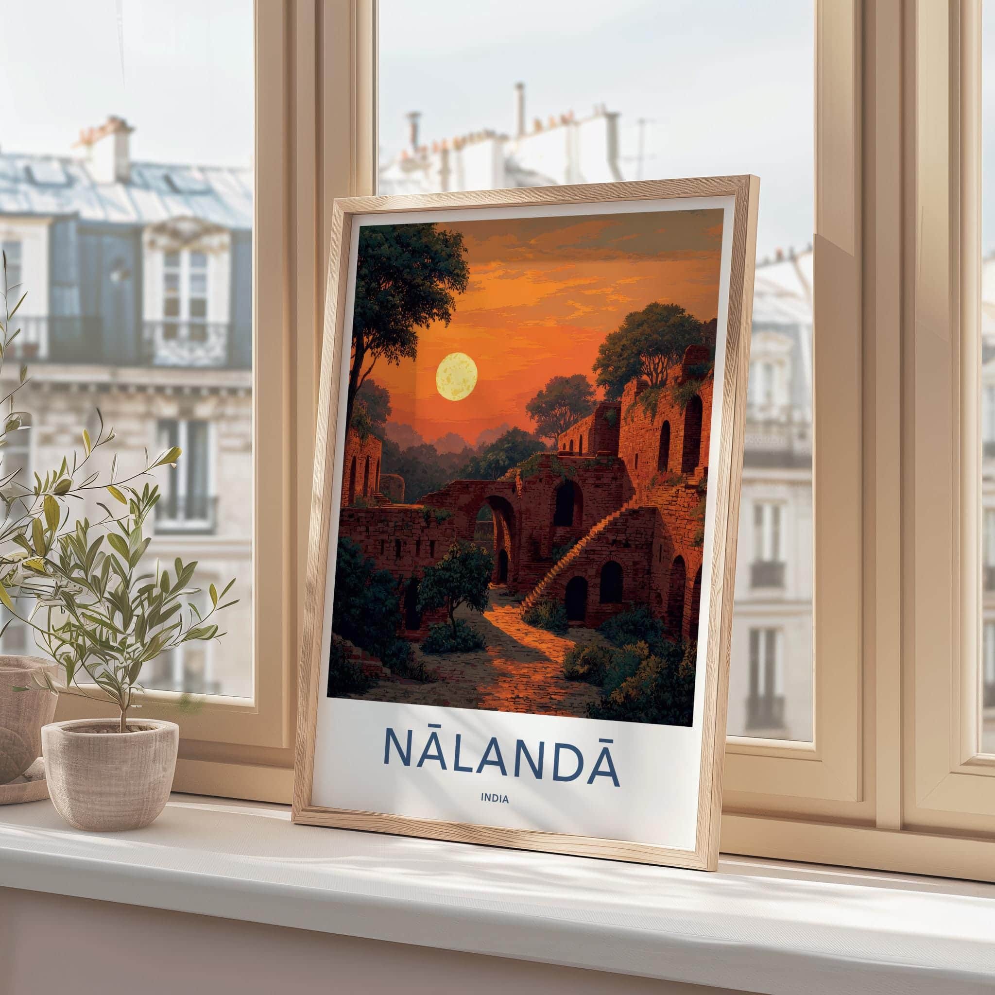 Nalanda Poster - India Travel Art - Bihar Ancient Ruins Moonrise Home Decor