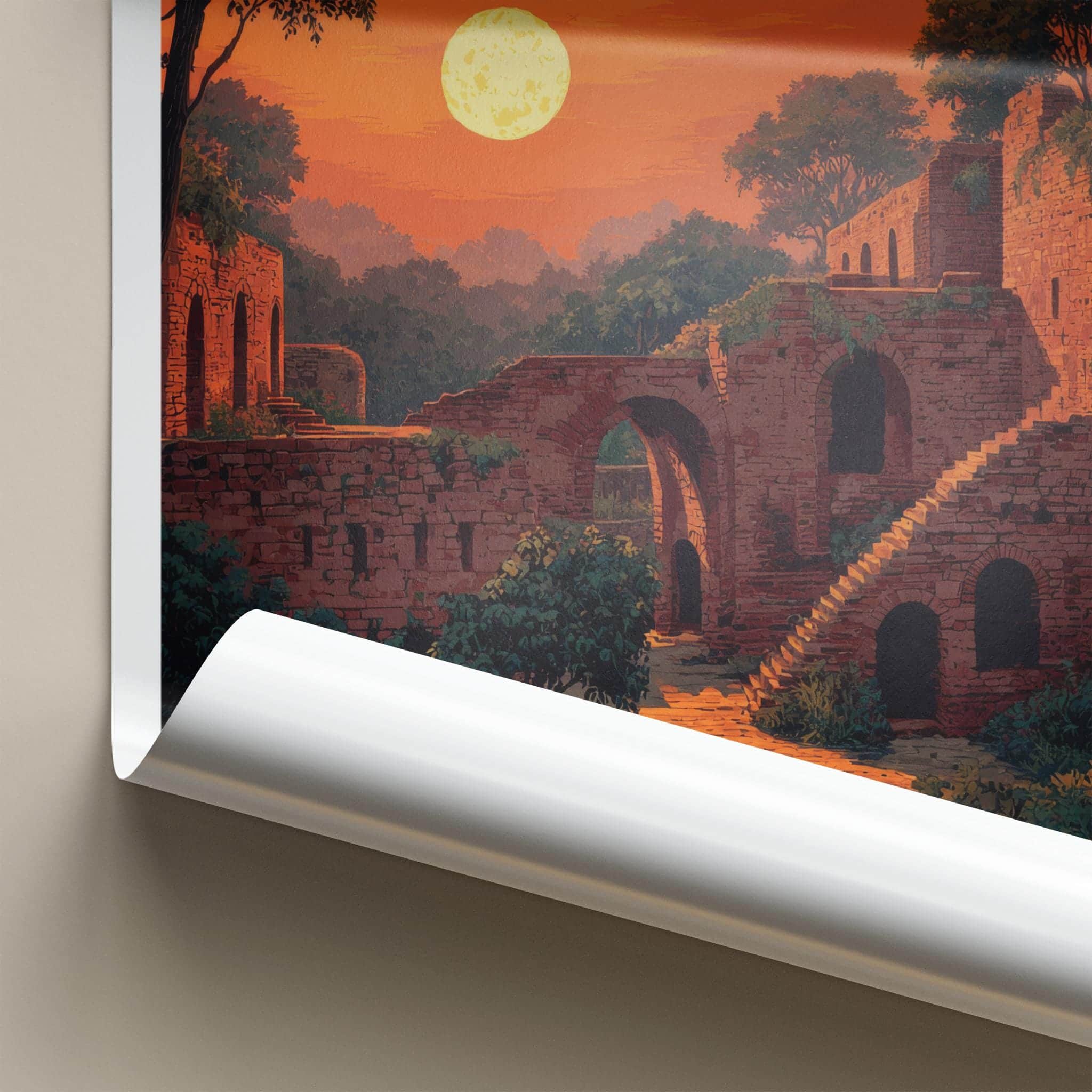 Nalanda Poster - India Travel Art - Bihar Ancient Ruins Moonrise Home Decor