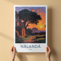 Nalanda Poster - India Travel Art - Bihar Ancient Ruins Sunset Home Decor
