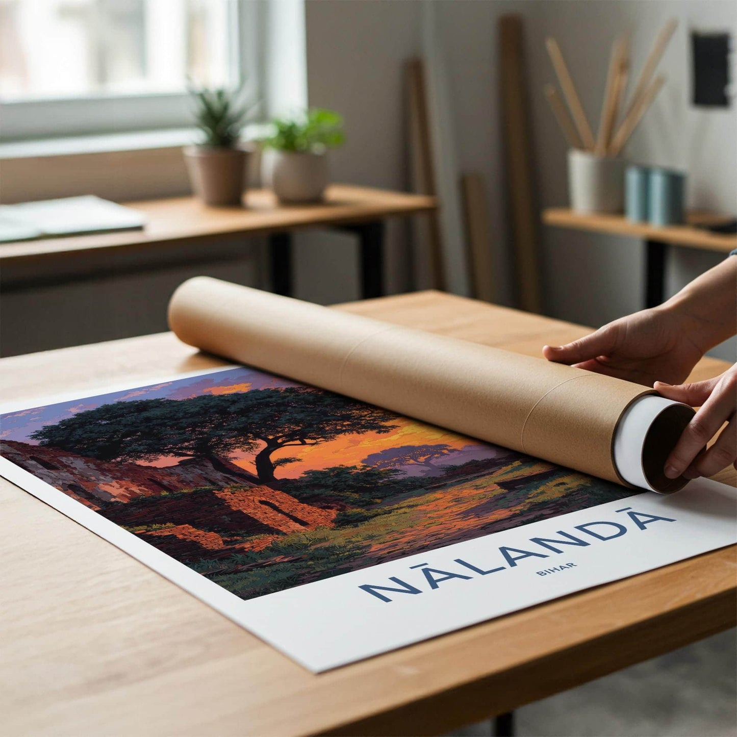 Nalanda Poster - India Travel Art - Bihar Ancient Ruins Sunset Home Decor