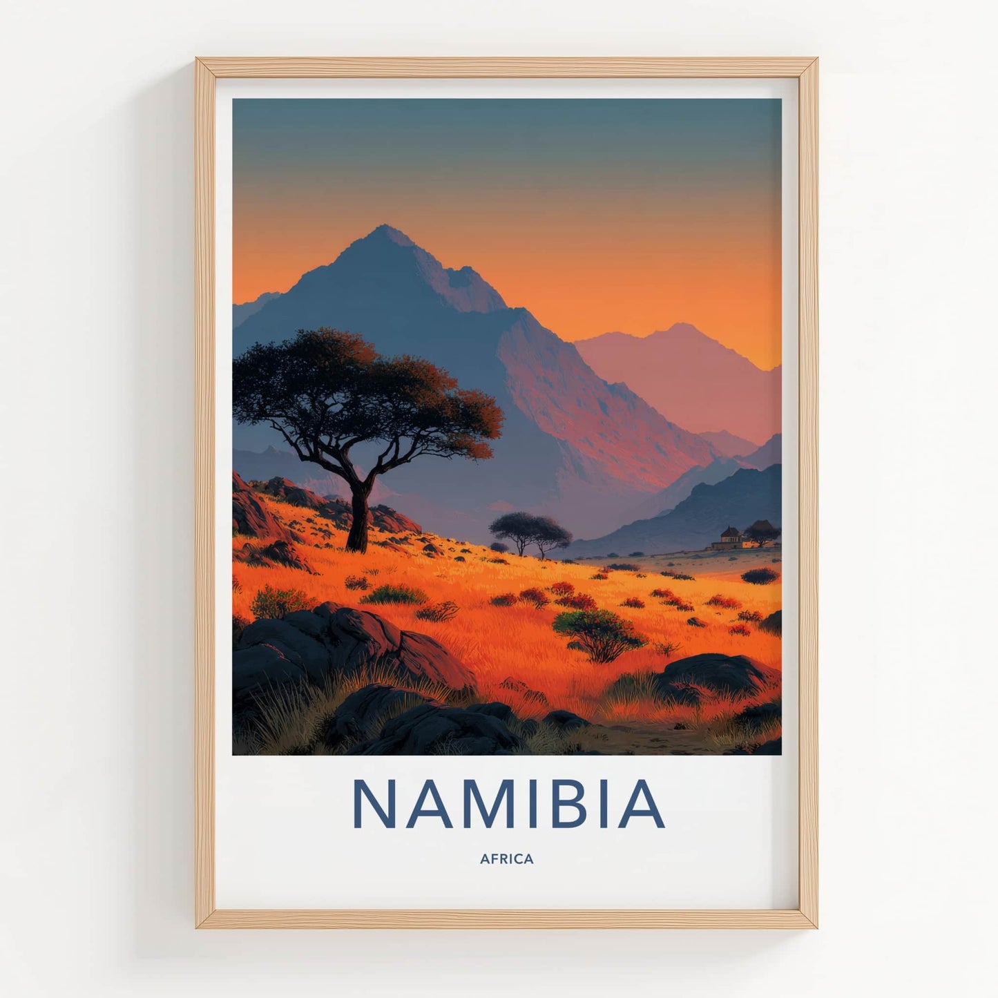 Namibia Poster - Africa Travel Art - Orange Grassland Sunset Home Decor