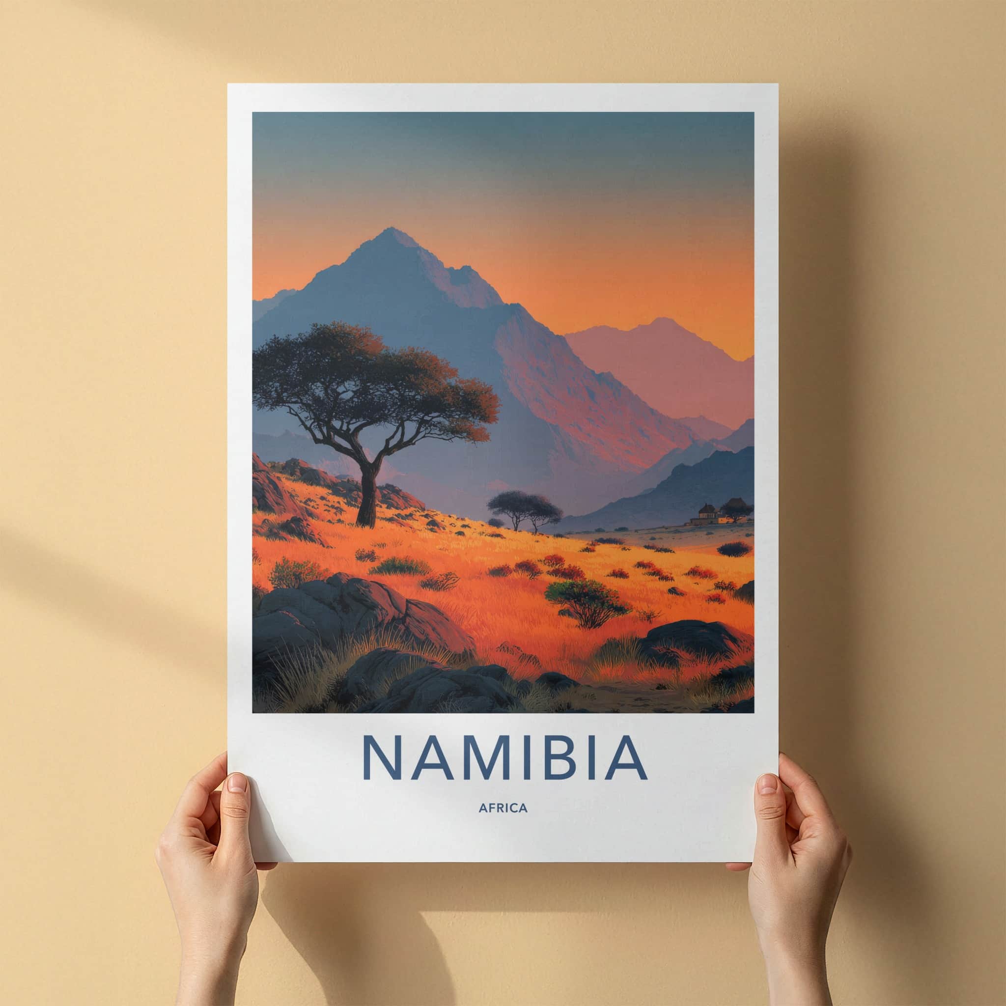 Namibia Poster - Africa Travel Art - Orange Grassland Sunset Home Decor