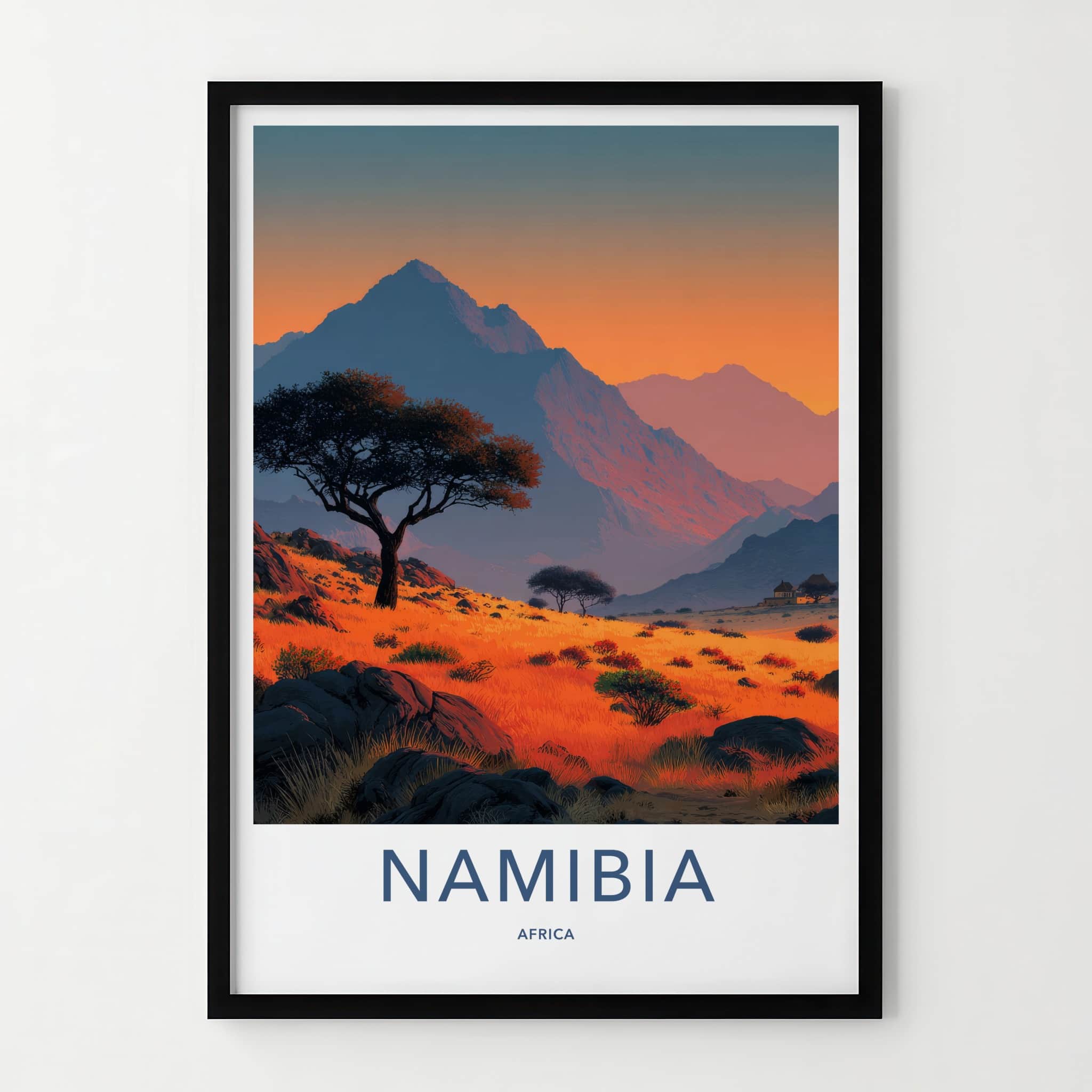 Namibia Poster - Africa Travel Art - Orange Grassland Sunset Home Decor