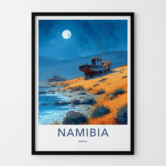 Namibia Poster - Namibia Travel Art - Moonlit Shipwreck Shore Home Decor