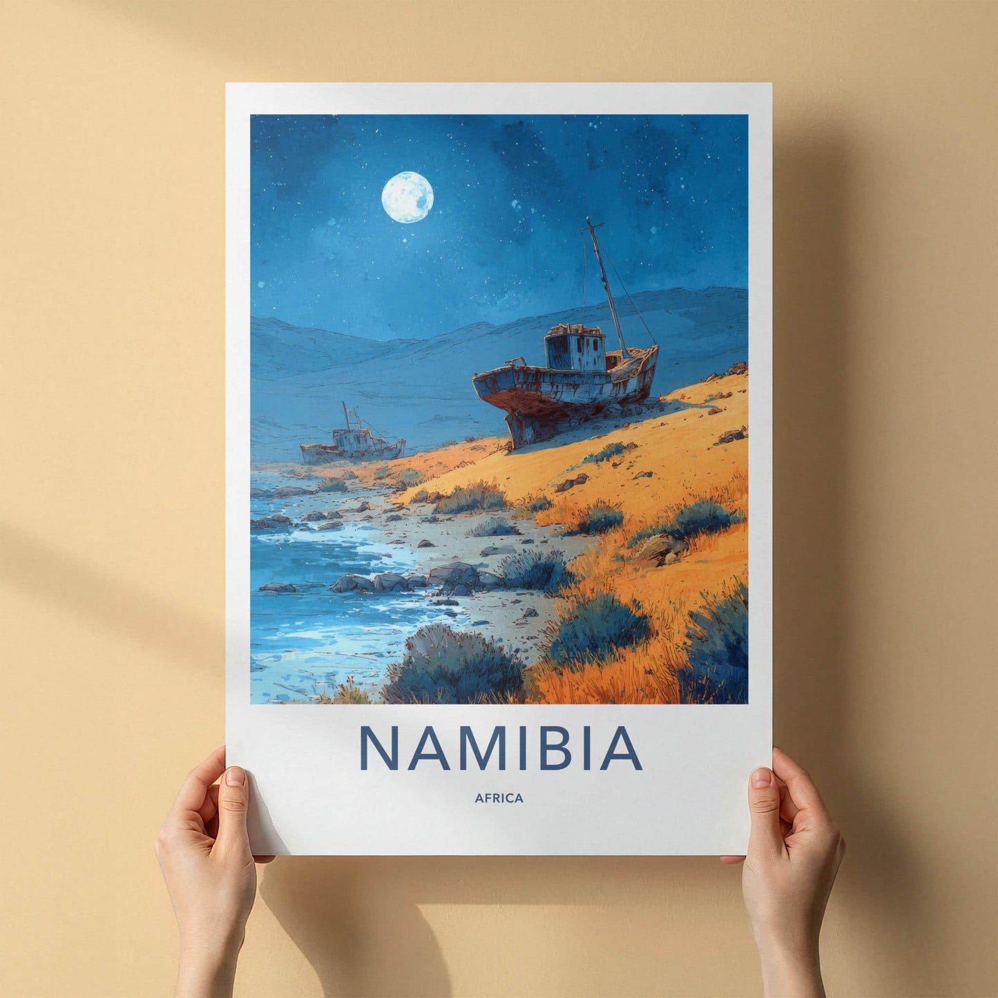 Namibia Poster - Namibia Travel Art - Moonlit Shipwreck Shore Home Decor