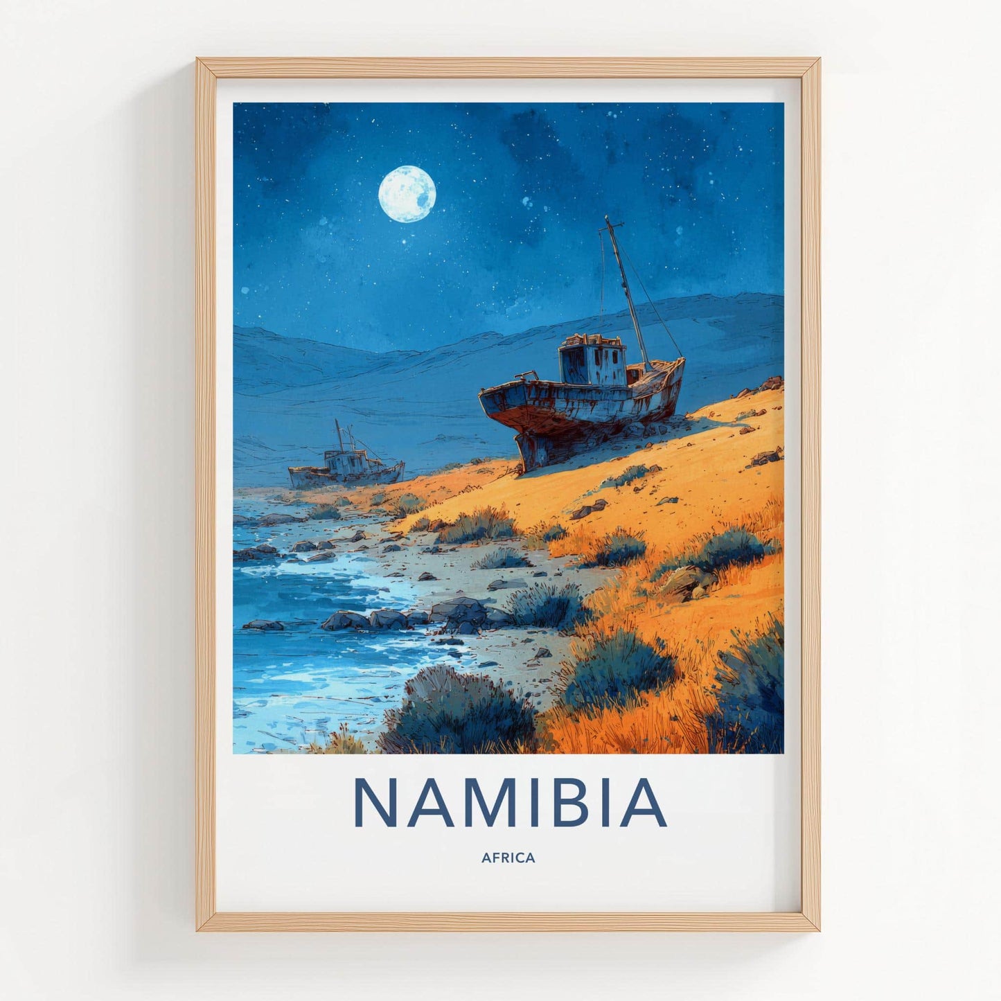 Namibia Poster - Namibia Travel Art - Moonlit Shipwreck Shore Home Decor