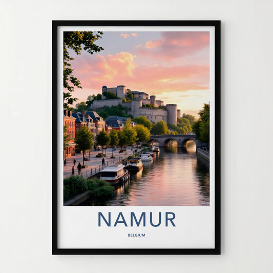 Namur Poster - Belgium Travel Art - Castle River Sunset Home Decor