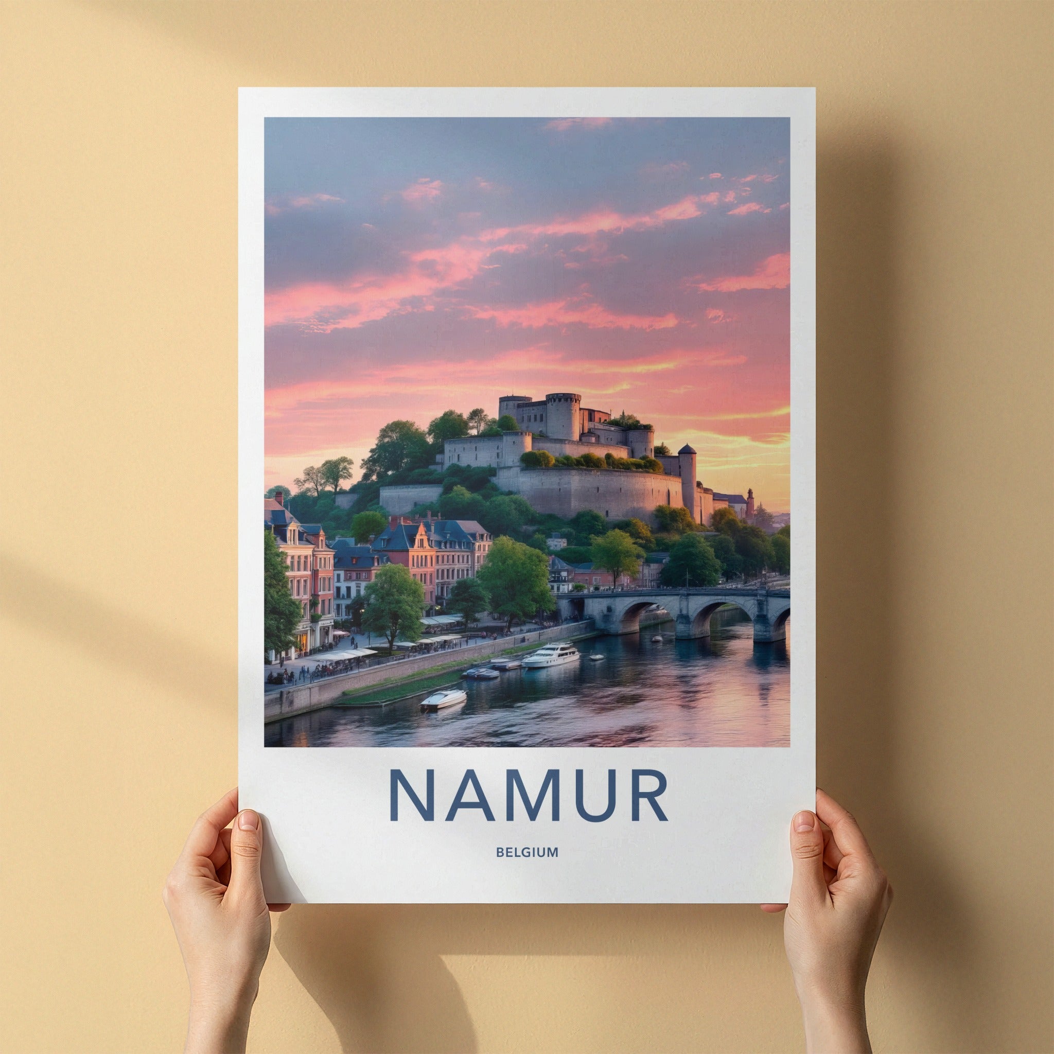 Namur Poster - Belgium Travel Art - Castle River Sunset Wall Decor