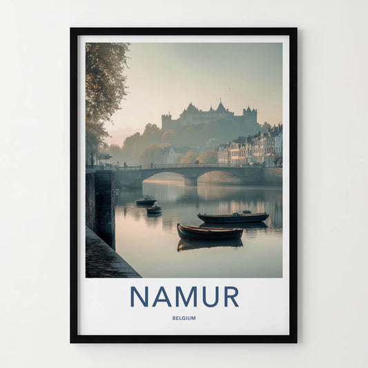 Namur Poster - Belgium Travel Art - Misty River Castle Home Decor