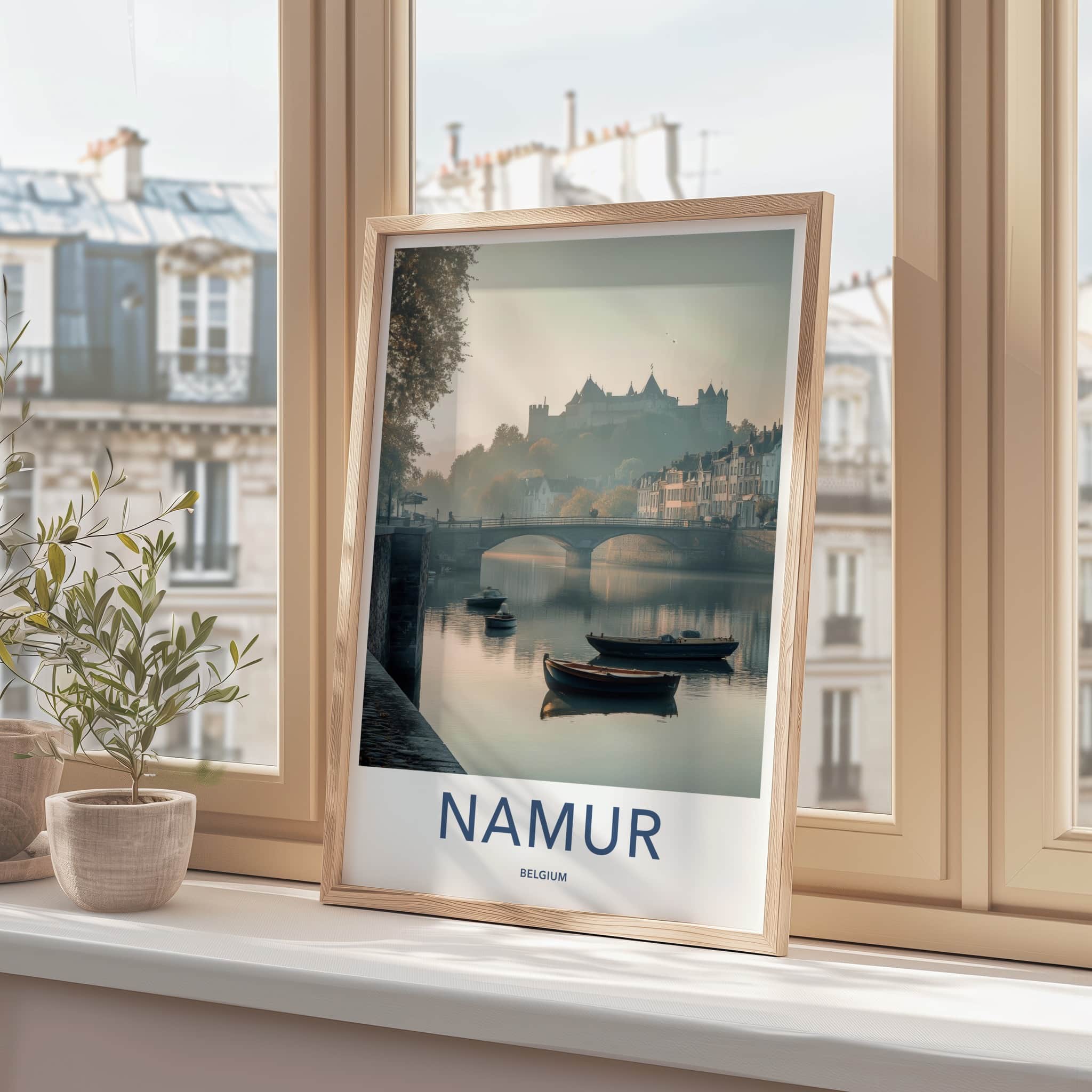 Namur Poster - Belgium Travel Art - Misty River Castle Home Decor