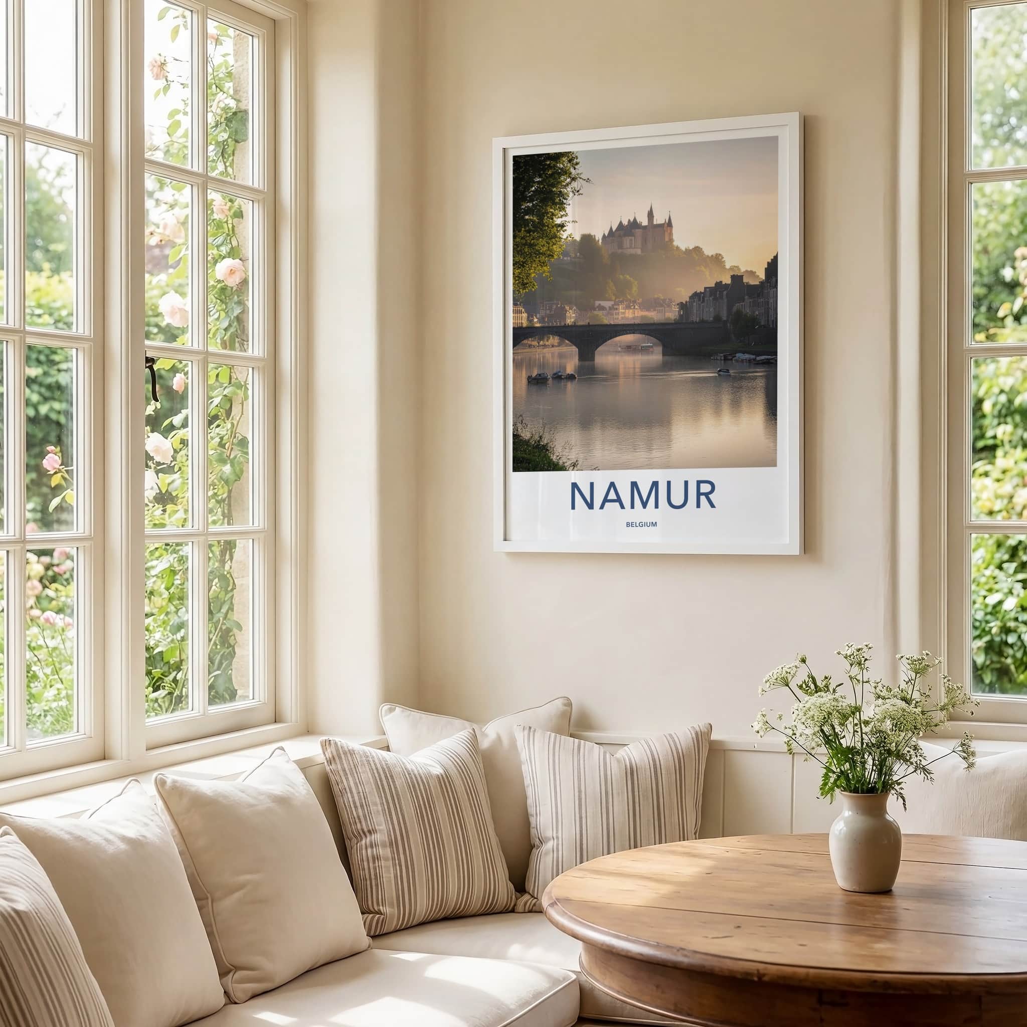 Namur Poster - Belgium Travel Art - Misty River Castle Home Decor