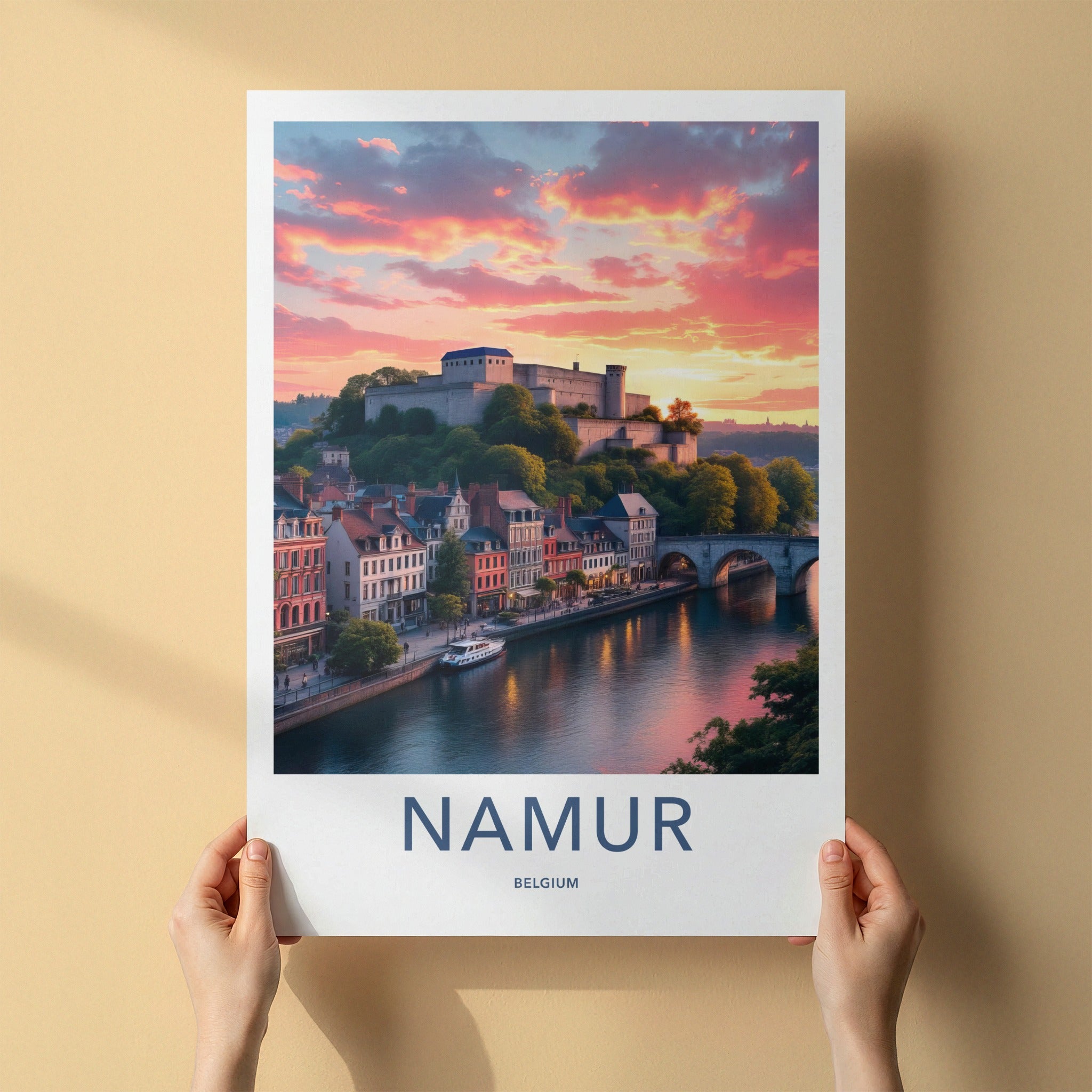 Namur Poster - Belgium Travel Art - Vibrant Sunset Citadel Home Decor