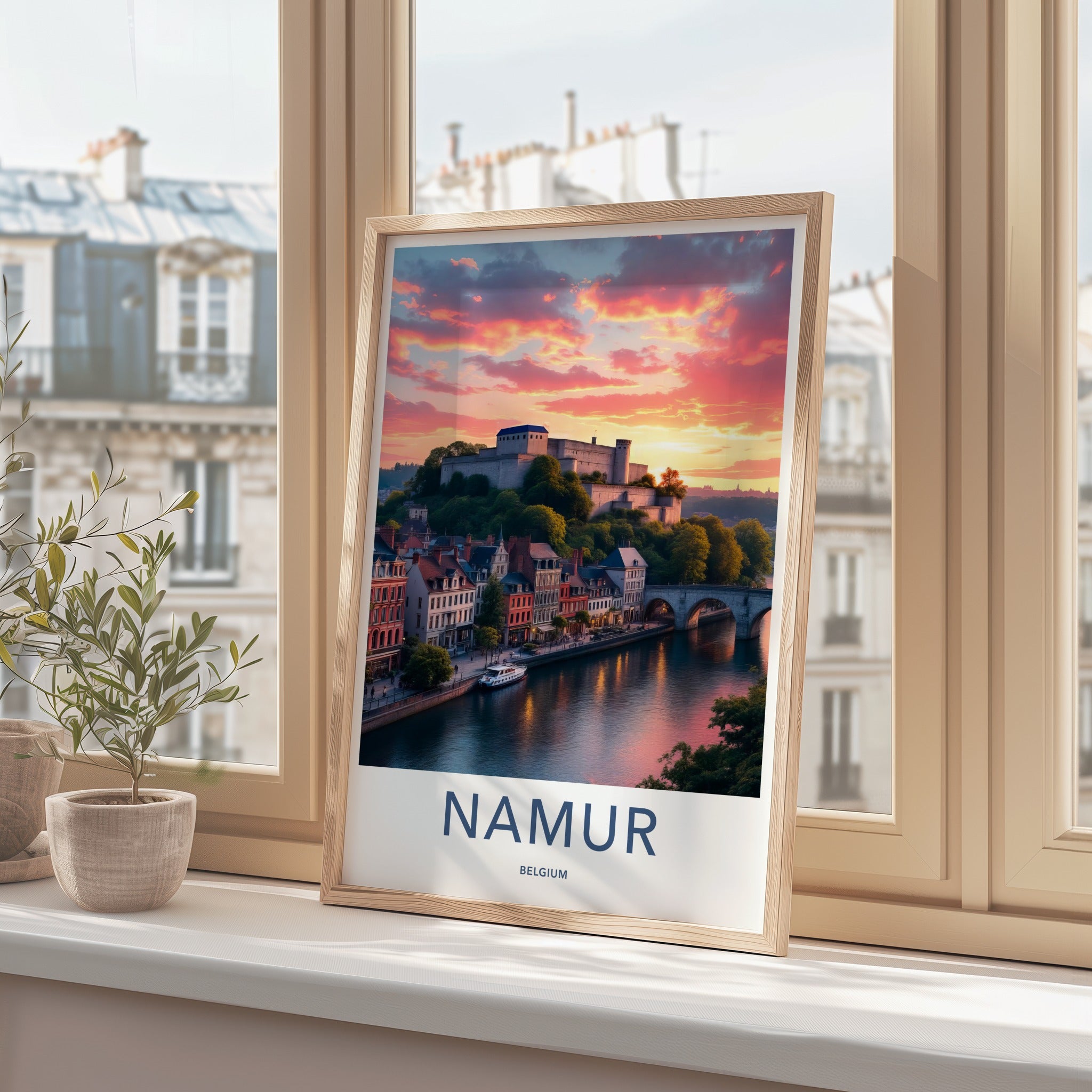 Namur Poster - Belgium Travel Art - Vibrant Sunset Citadel Home Decor