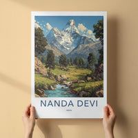Nanda Devi Poster - India Travel Art - Uttarakhand Green Valley Stream Home Decor