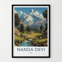 Nanda Devi Poster - India Travel Art - Uttarakhand Green Valley Stream Home Decor