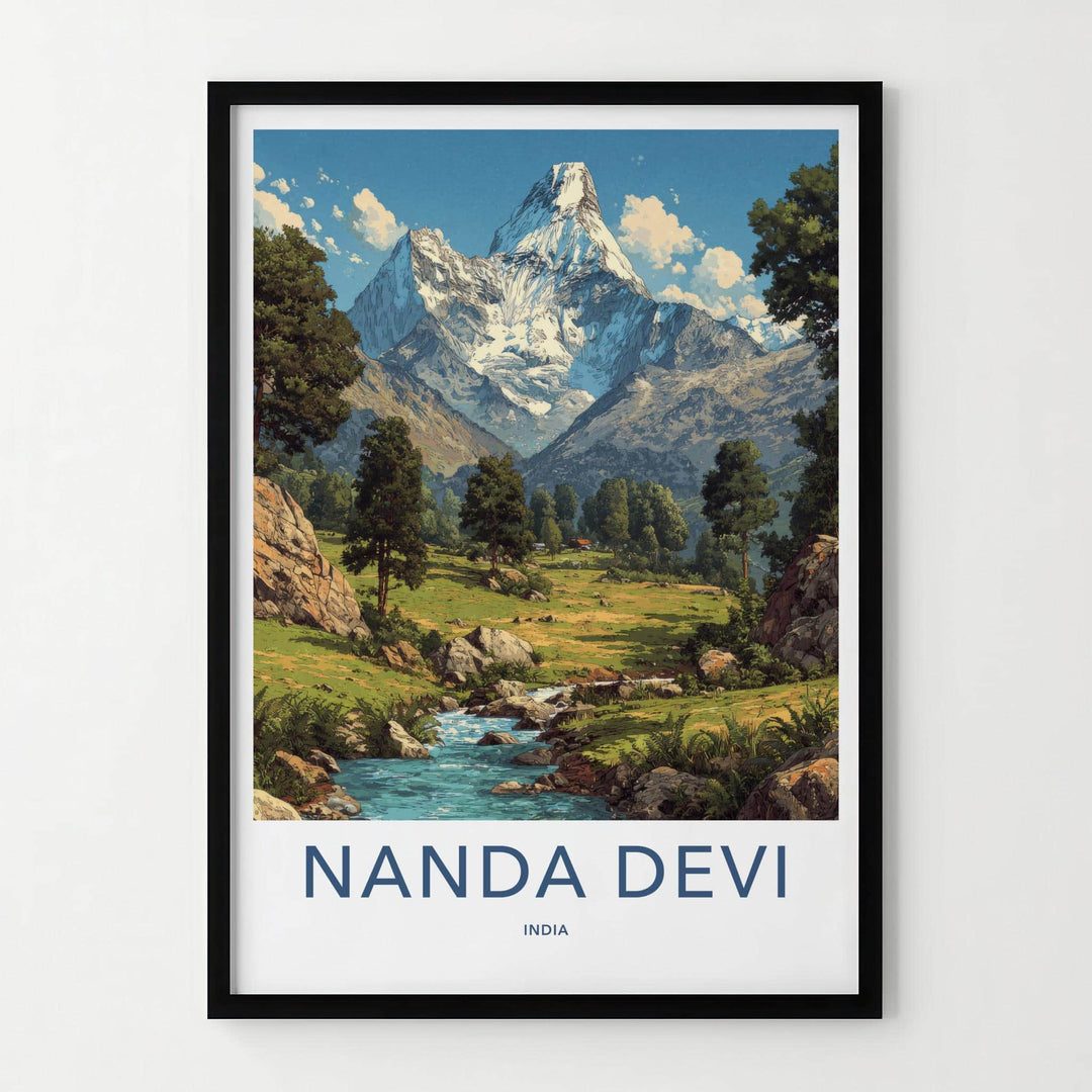 Nanda Devi Poster - India Travel Art - Uttarakhand Green Valley Stream Home Decor