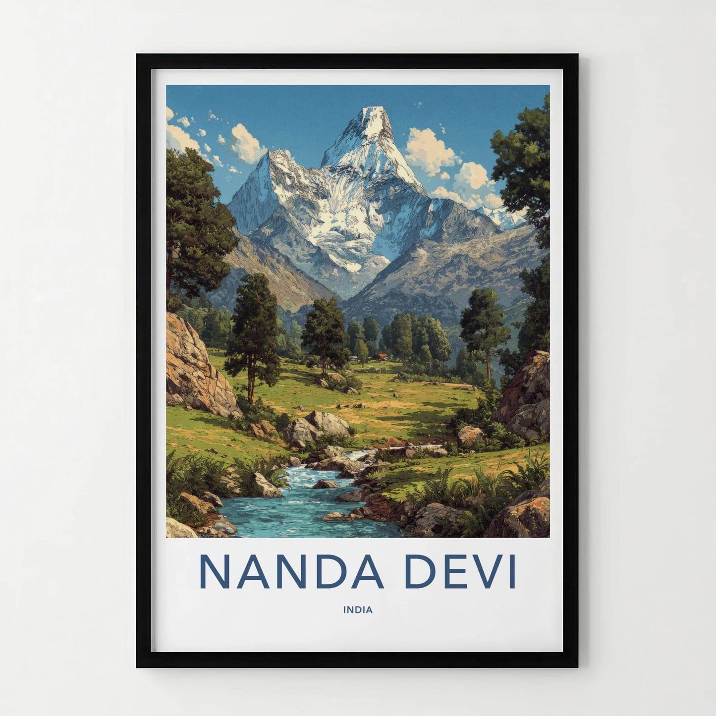 Nanda Devi Poster - India Travel Art - Uttarakhand Green Valley Stream Home Decor
