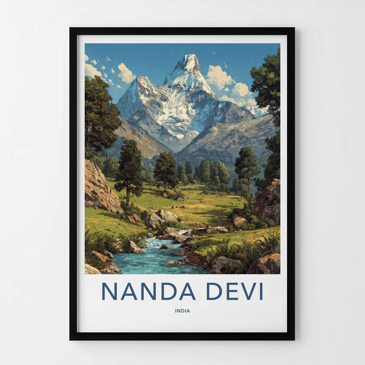 Nanda Devi Poster - India Travel Art - Uttarakhand Green Valley Stream Home Decor