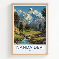 Nanda Devi Poster - India Travel Art - Uttarakhand Green Valley Stream Home Decor