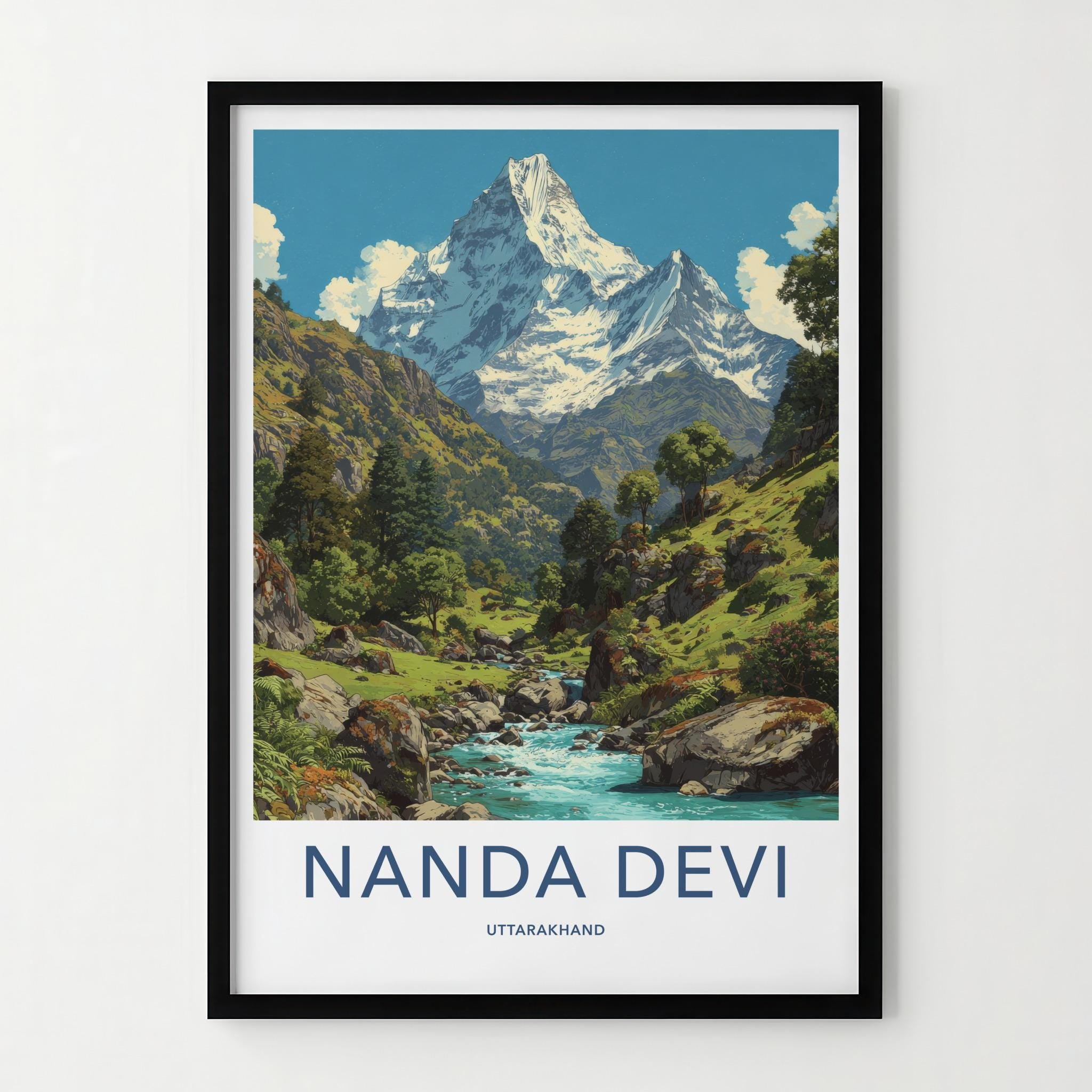 Nanda Devi Poster - India Travel Art - Uttarakhand Mountain River Valley Home Decor
