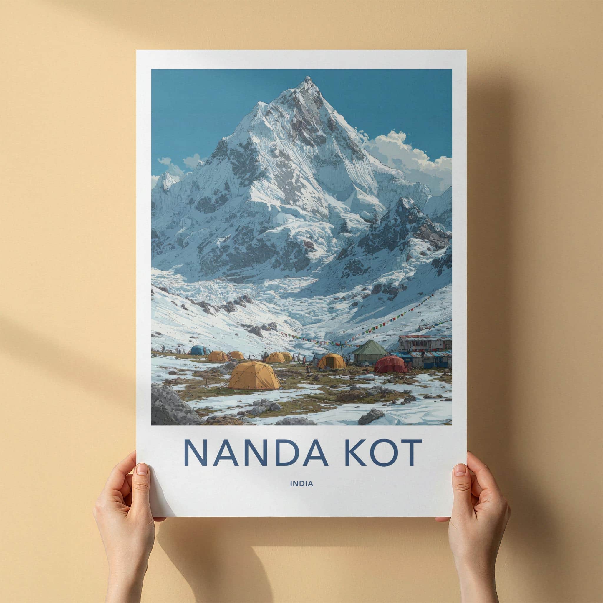 Nanda Kot Poster - India Travel Print - Uttarakhand Campsite Snowy Mountain Wall Decor