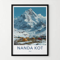 Nanda Kot Poster - India Travel Print - Uttarakhand Campsite Snowy Mountain Wall Decor